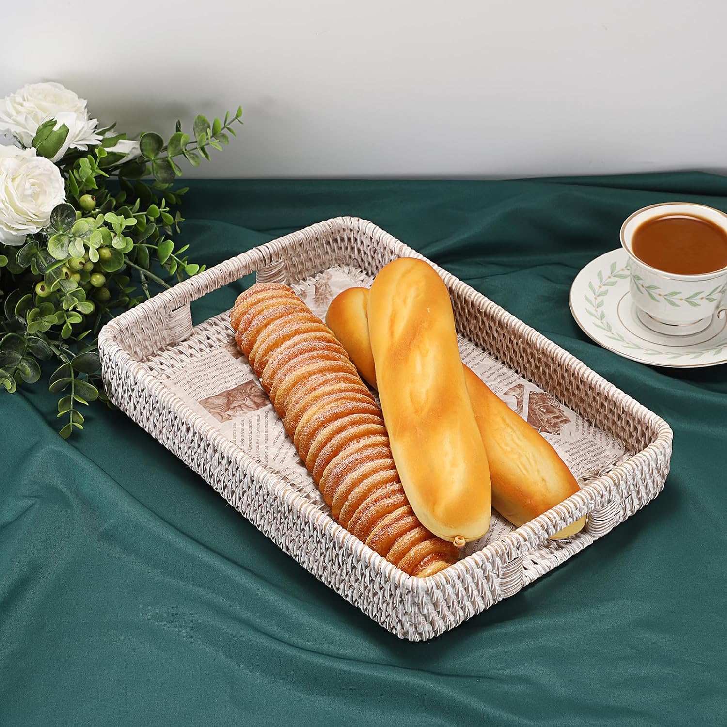 Hipiwe Rattan Serving Tray with Handles Handwoven Basket Tray, Whitewash image 2