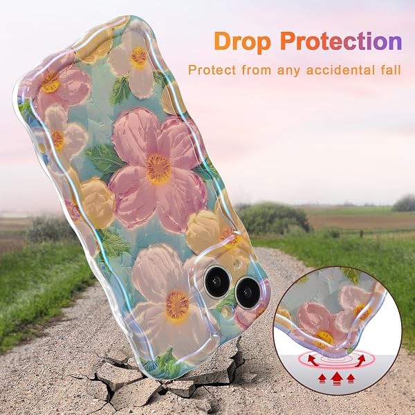 EYZUTAK Case for iPhone 15, Colorful Retro Oil Painting Flower Laser Beam Glossy Pattern Cute Curly Waves Border Exquisite Phone Cover Stylish Durable Soft TPU Protective Case for Girls Women - Green - 3
