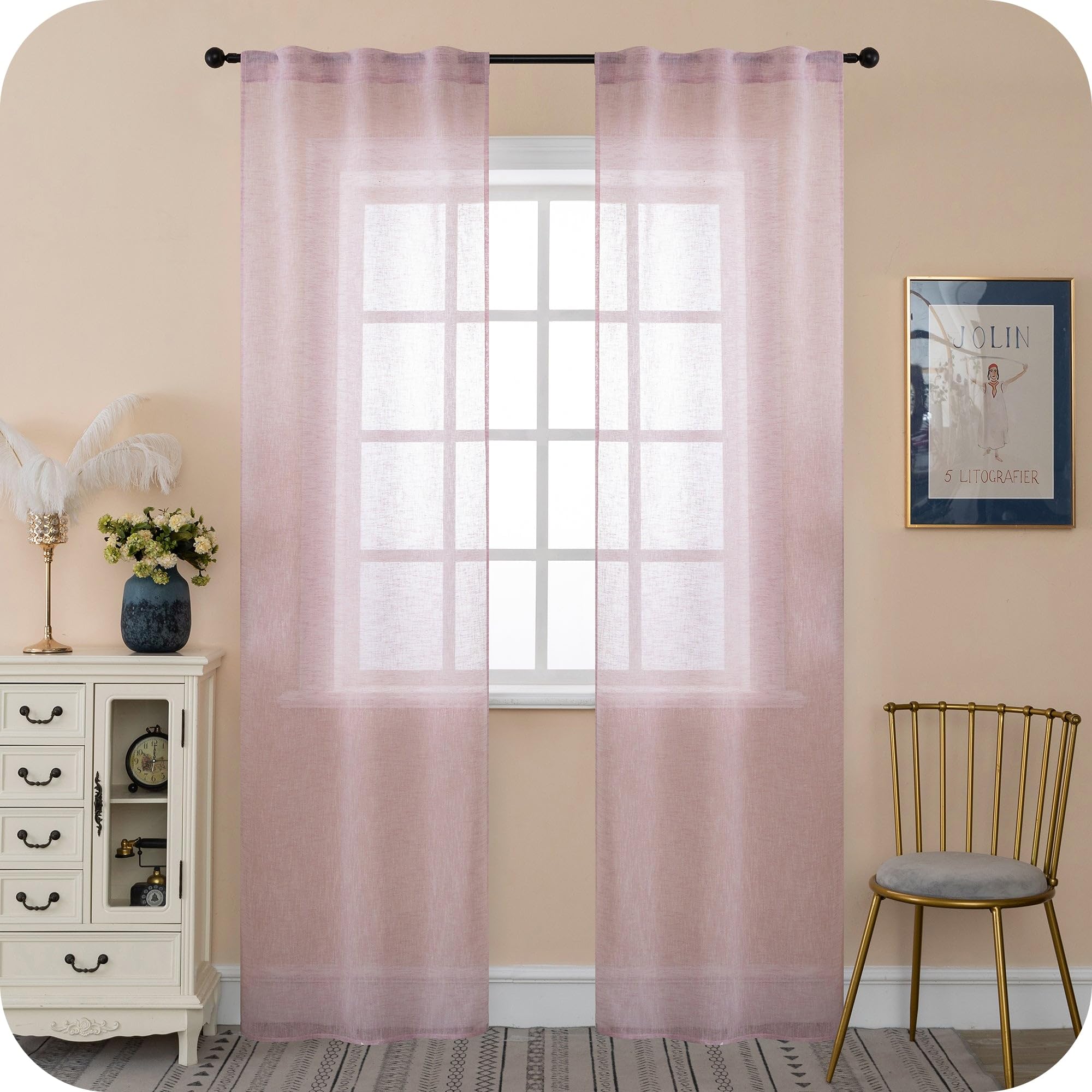 Rideau filtrant 70 x 240 cm rose voilage effet lin intérieur