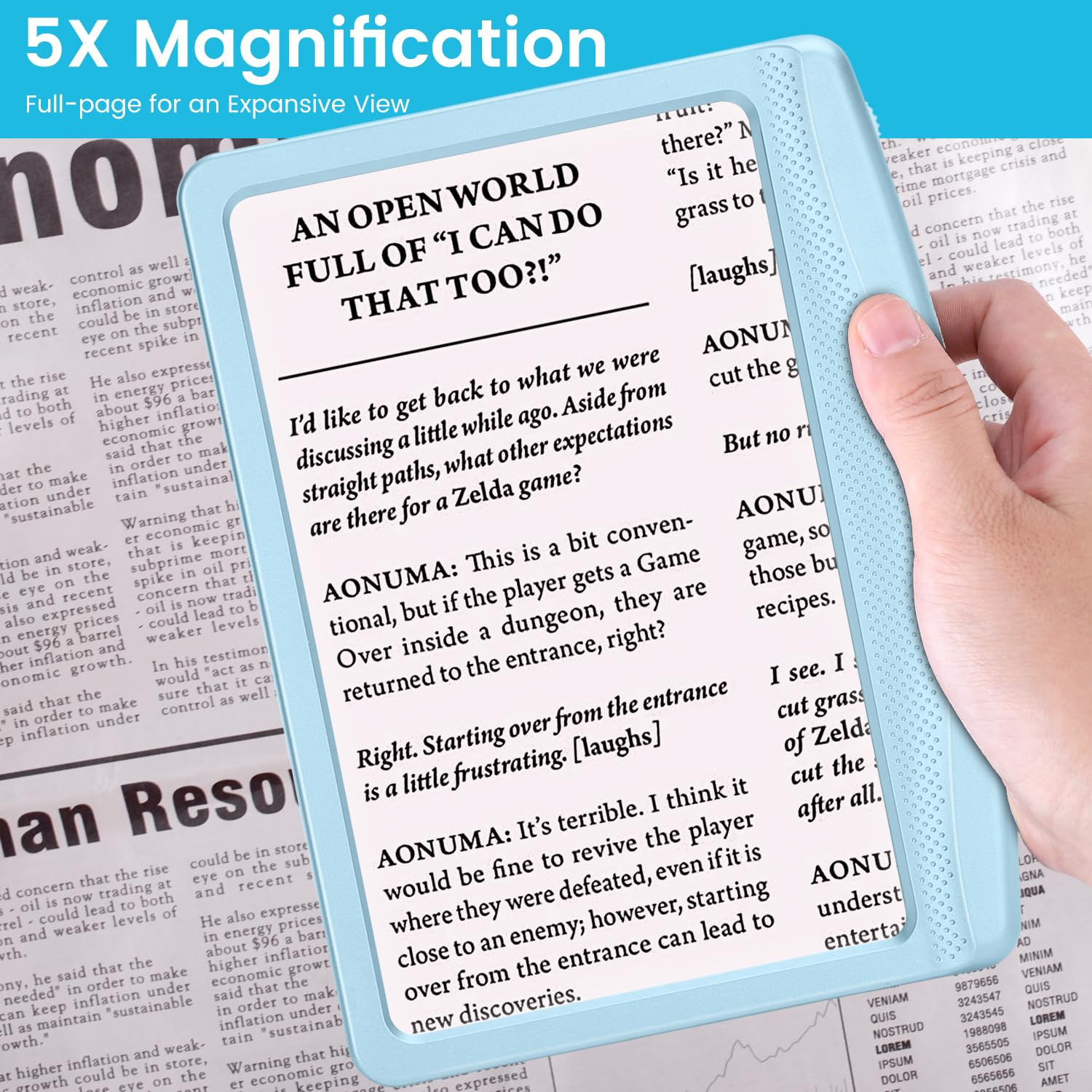 Lente d'ingrandimento ricaricabile 5X per lettura, grande lente d'ingrandimento luminosa a pagina intera con luce, luce LED dimmerabile, lente d'ingrandimento leggera per lettura per anziani