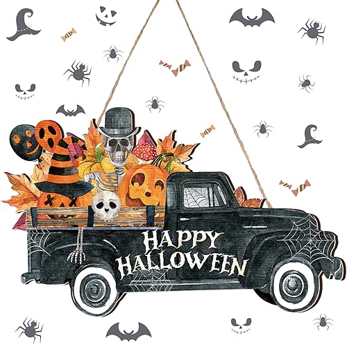 Huwena Letrero de bienvenida de madera para puerta de Halloween, vintage, rústico, decoración colgante de Halloween, patrón de terror, letrero de