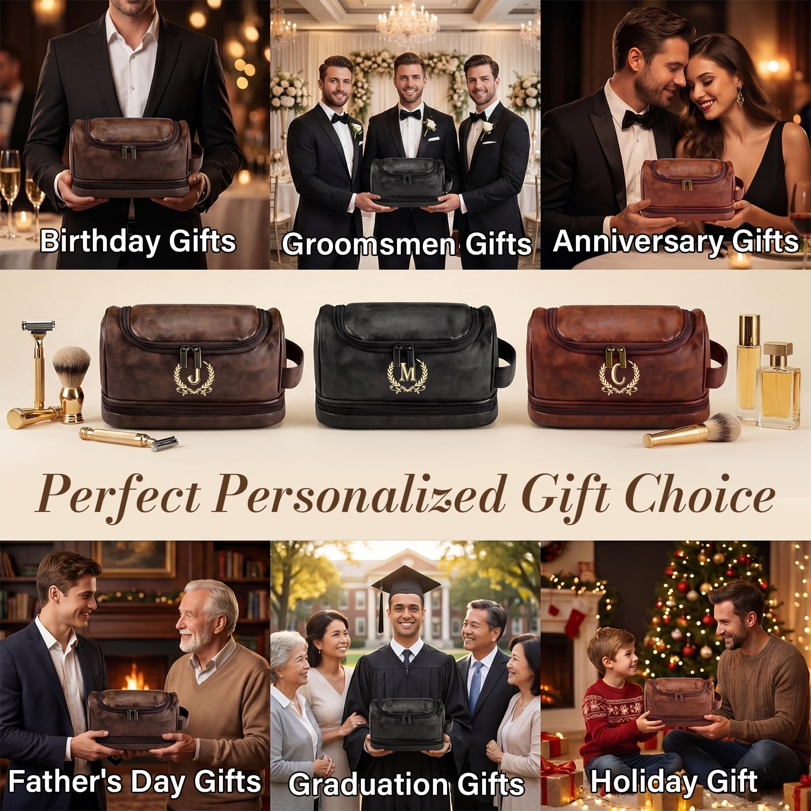 Neceser de cuero personalizado para hombres, regalos para hombres, kit de viaje de artículos de aseo personalizados, bolsas de afeitado, ideas de regalo para Navidad, aniversario, cumpleaños, papá