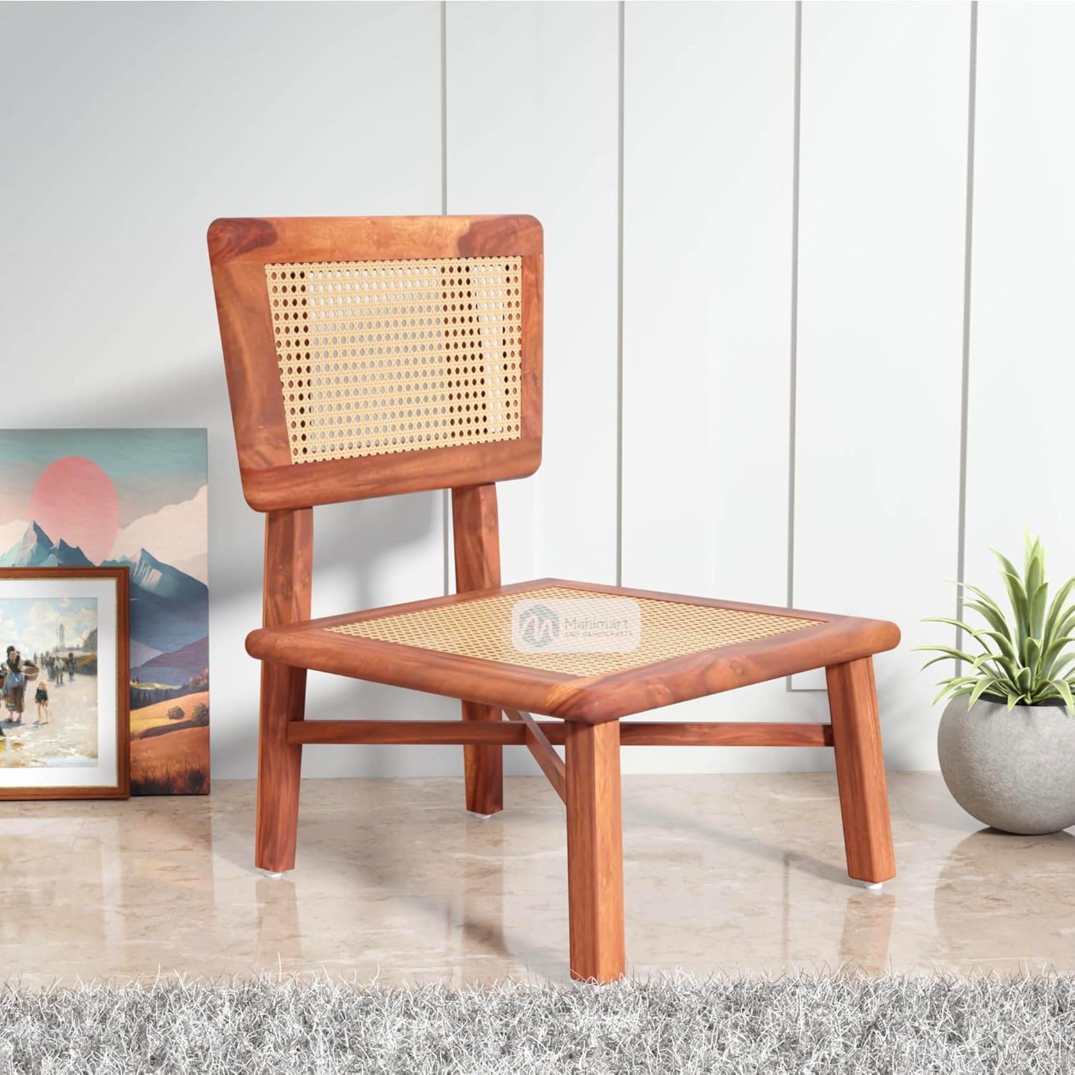 MAHIMART & HANDICRAFTS Sheesham Wood Kobe Accent Chair | Wooden Rattan Cane Wicker Lounge Chair | Low Height Stylish Seating for Living Room, Bedroom, Dining Room & Home Décor Furniture | Brown Finish-image-7