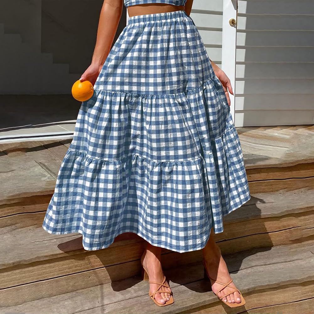 Amazon.com: Y2k Women Gingham Tiered Maxi Skirts A Line