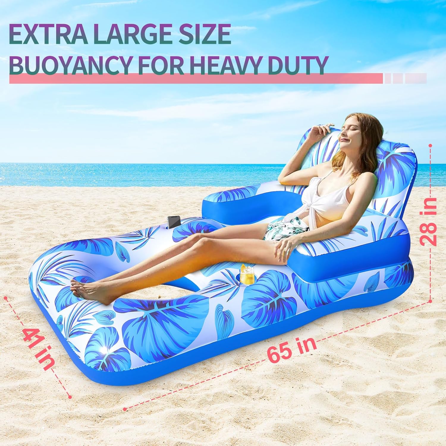 Pool Floats Adult, Pool Floaties with Cup Holder and Phone Holder, Pool Lounger Float with Headrest, Backrest and Footrest, 65" Thicken PVC Inflatable Pool Float for Adult Pool Party Beach Cool