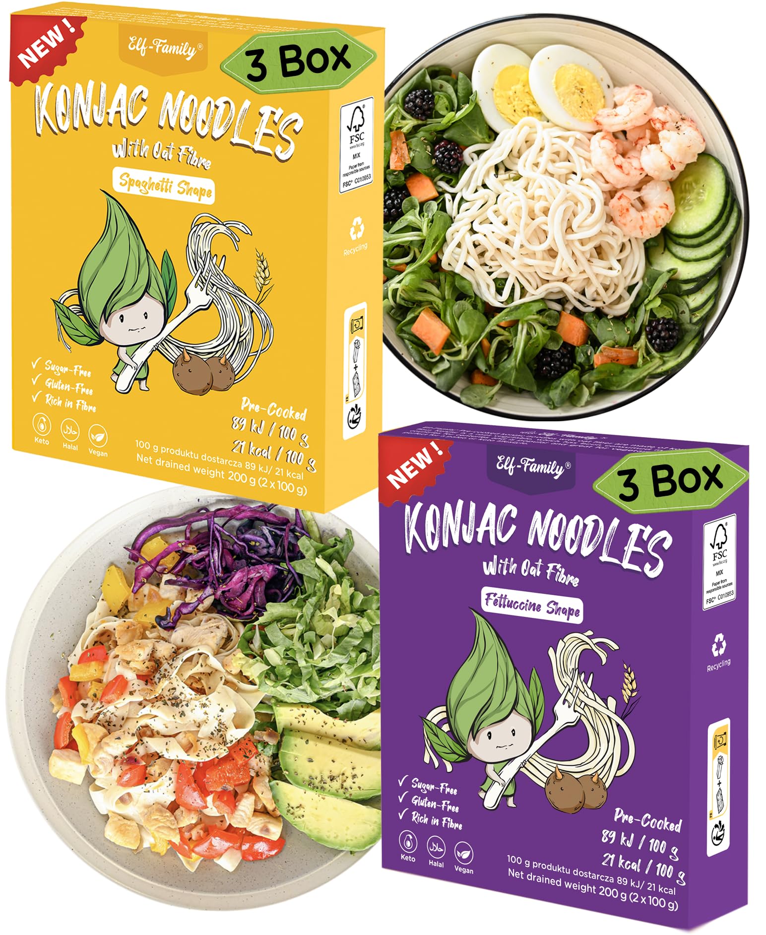 Elf-family Premium Pasta Konjac Keto de Tailandia Bajo en calorías Bajo en carbohidratos Vegano Sin gluten Fideos Konjac Noodles Shirataki Sin azúcar Mixto 240 g x6 cajas