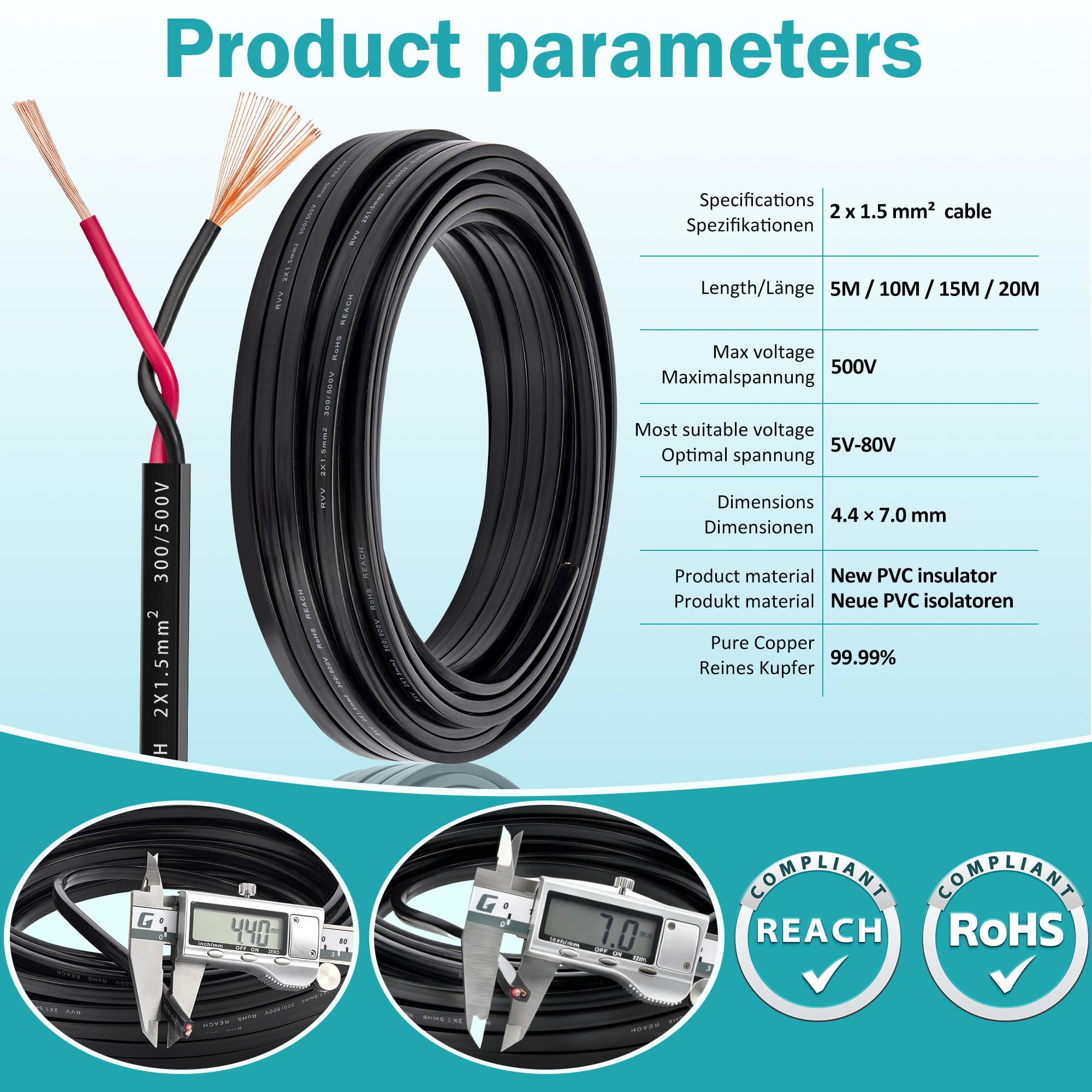 Cable de Remolque 2 Núcleos 1.5mm², 20M Cable Plano Eléctrico de Cobre 2 Polos 12V/24V, Alargador Flexible para Luces Led Remolque Caravana Camión, RoHS & REACH