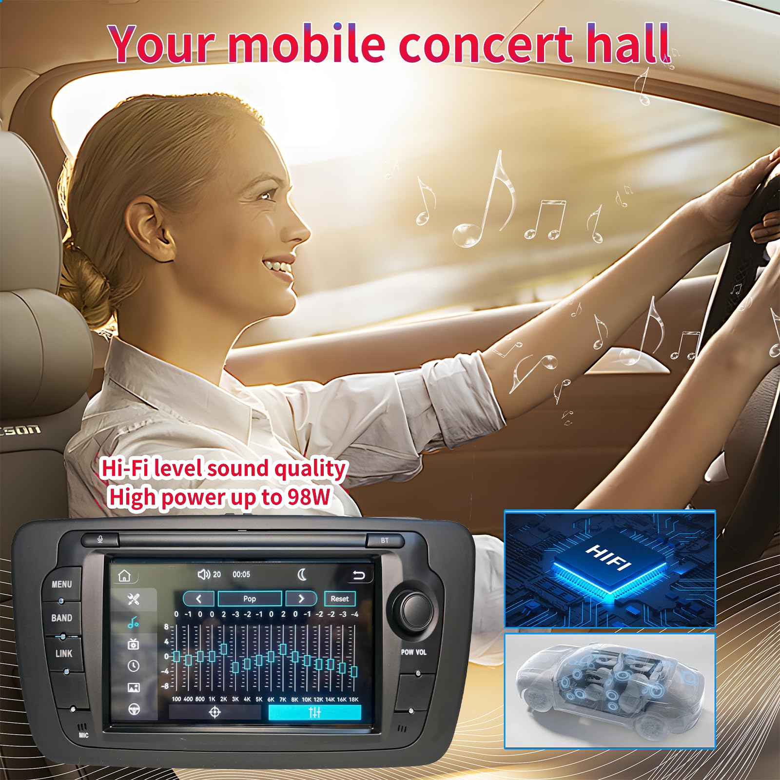Autoradio geeignet für Volkswagen Seat Ibiza 6J 2009-2014 und Unterstützt kabelloses CarPlay und Android Auto. Verfügt über einen 7-Zoll-Touchscreen mit Radio/Bluetooth/FM/USB/DSP/RDS