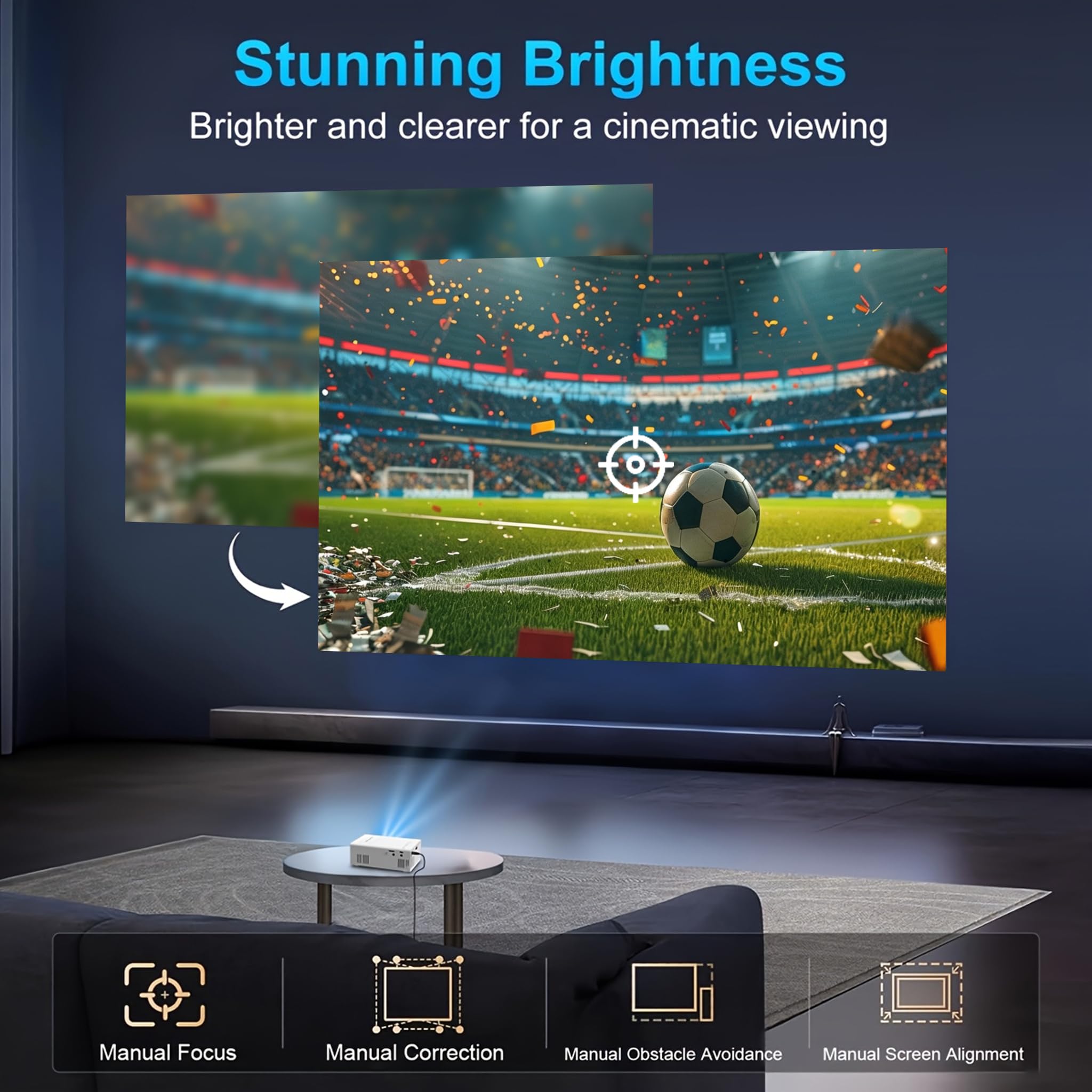 Proiettore portatile, supporta 720P, connessione USB, telecomando, compatibile con smartphone, tablet, laptop, chiavette TV e unità USB, installazione desktop, controllo pulsanti, design portatile