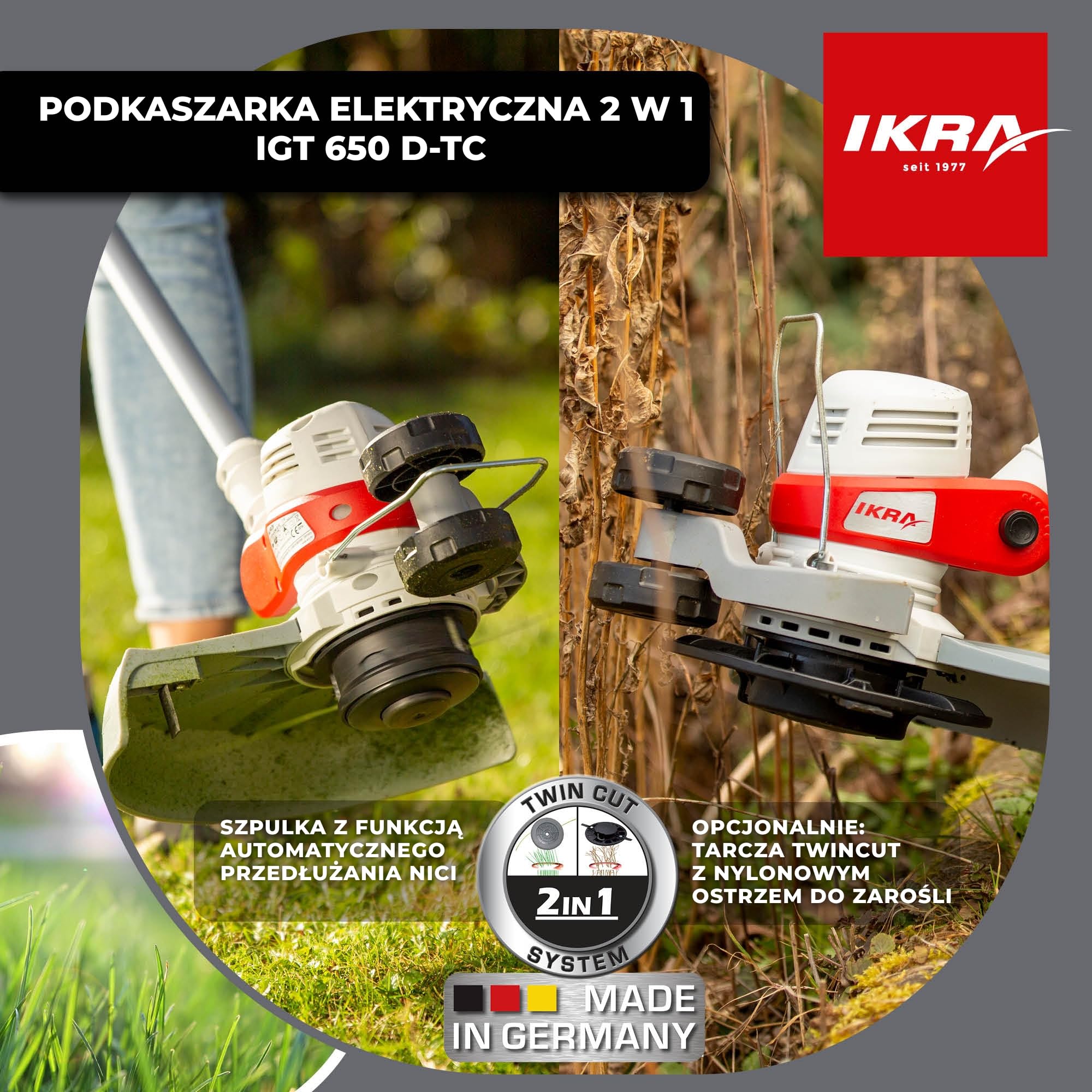 IKRA Podkaszarka elektryczna IGT 650 D-TC, 650W, szerokość cięcia 30cm | TwinCut System,szpulka w zestawie,teleskopowa regulacja wysokości,rolka krawędziowa,osłona roślin
