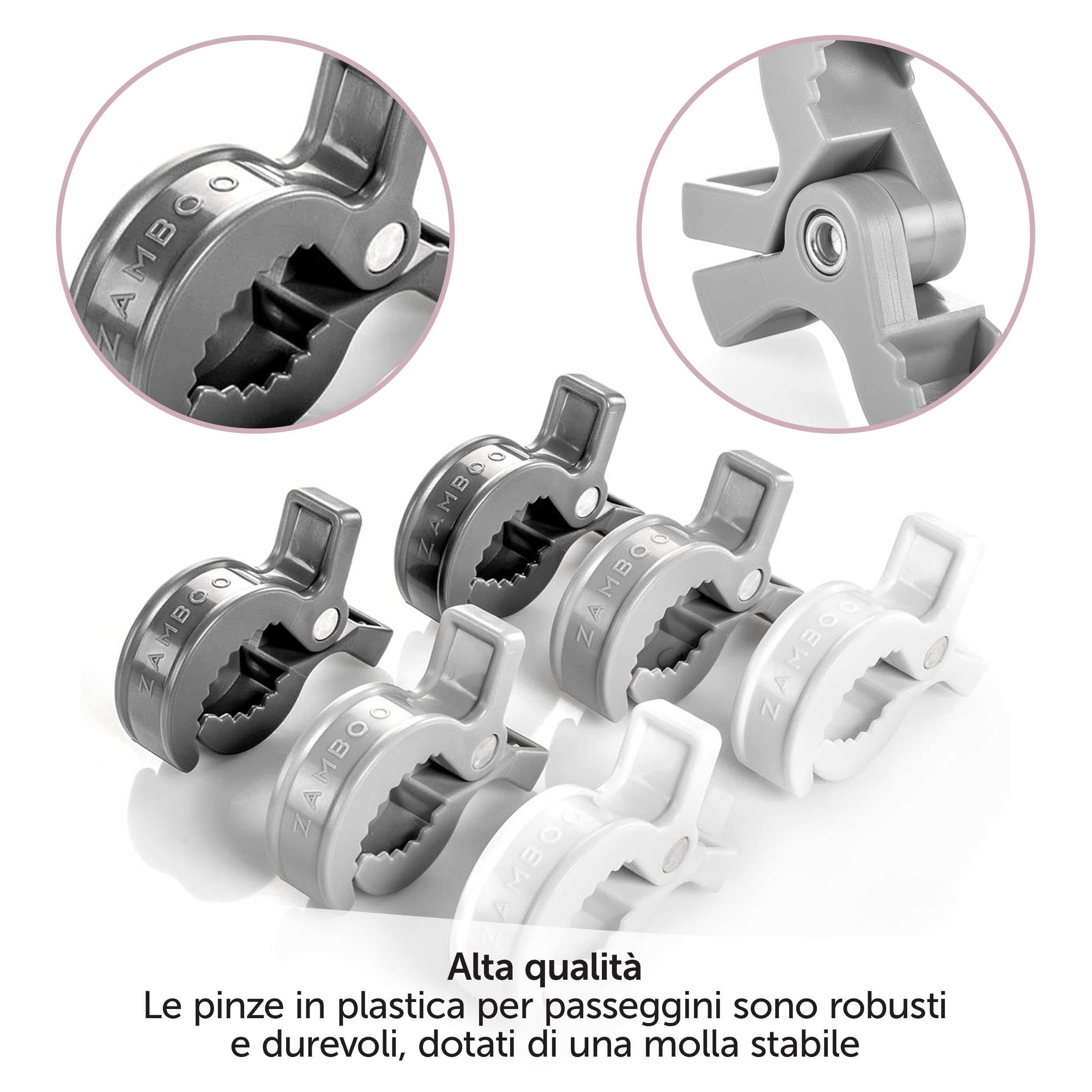 Zamboo Set di Mollette Passeggino - Pacco da 6 Ganci Passeggino Universali per il Fissaggio Facile e Veloce di Accessori Passeggino - Bianco Grigio