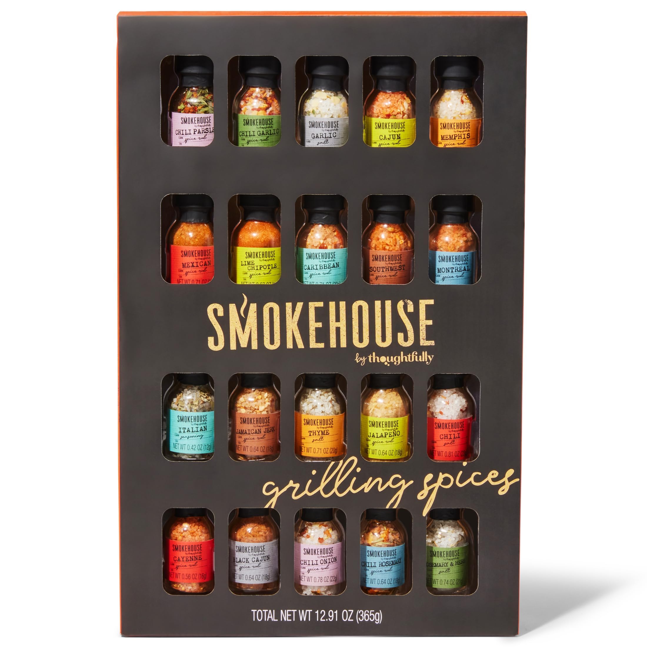 Smokehouse by Thoughtfully Ultimate Grilling Spice Set, Grilling Seasoning Gift Set flavors include Chili Garlic, Rosemary and Herbs, Lime Chipotle, Cajun Seasoning and many more, 20 Pack