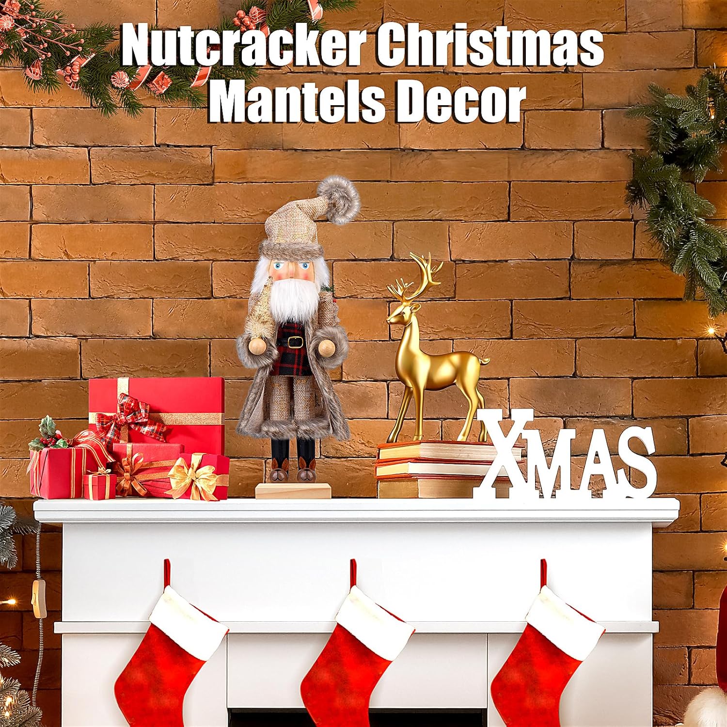Santa Christmas Nutcracker Figures Decor 15 Inch, Wooden Xmas Nutcracker Santa Nutcracker Ornaments, Festive Christmas Decorations for Shelves and Tables