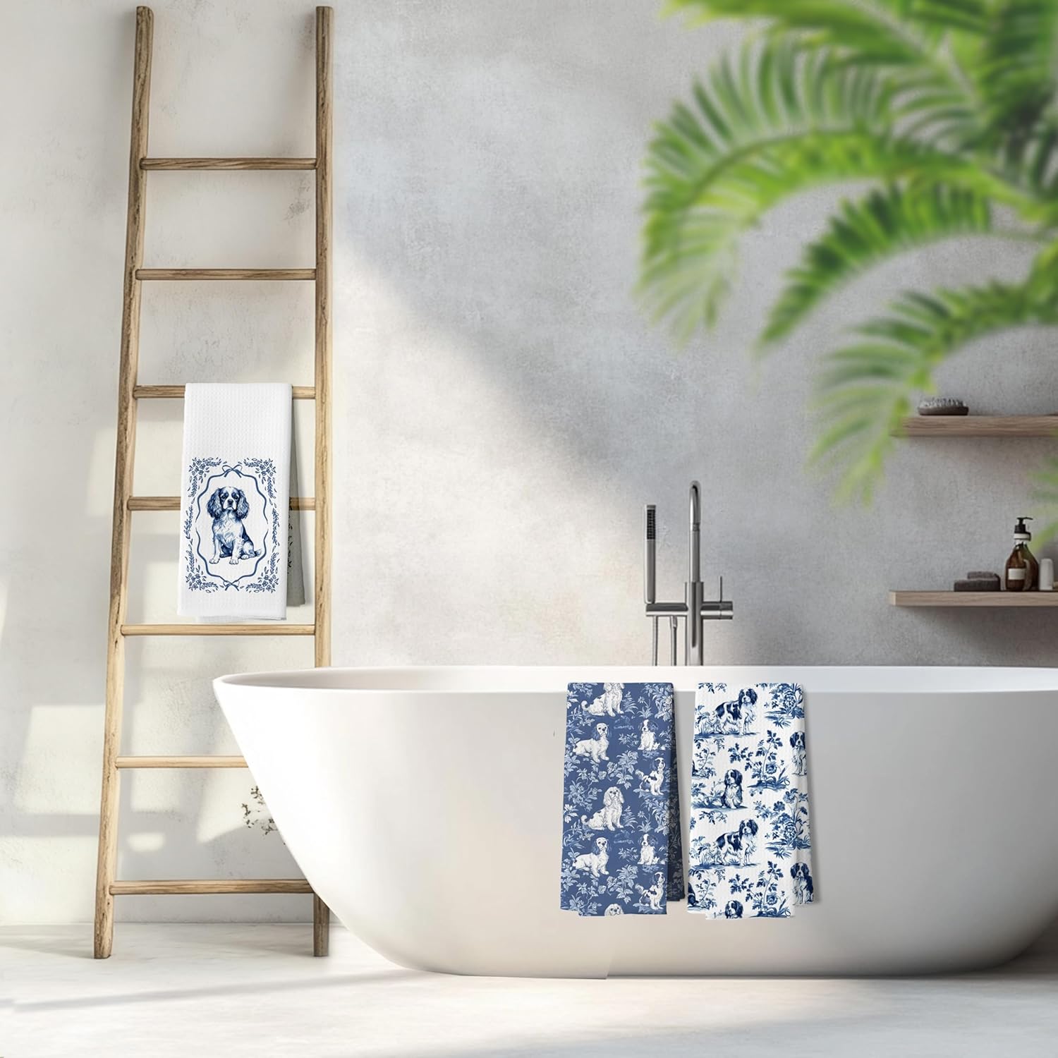 Chinoiserie Cavalier King Charles Spaniel Kitchen Dish Towels, King Cavalier Charles Gifts, Blue and White Chinoiserie Weiner Dog Decor Hand Towels for Bathroom Kitchen, 16x24 Inches Set of 3 - Image 3