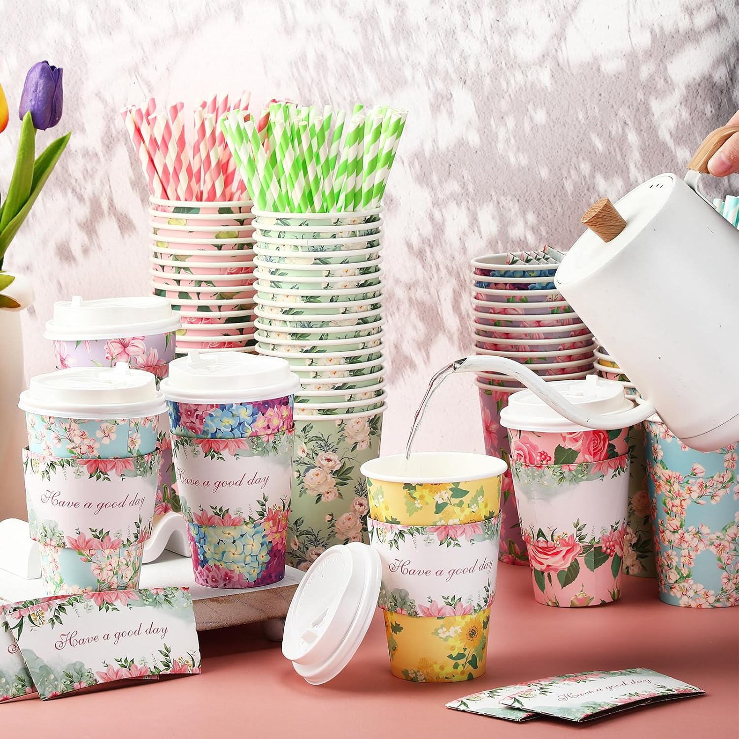 48 Set 16oz Disposable Paper Coffee Cups with Lids Sleeves Straws Holiday Paper Drinking Cups Bulk for Hot Cold Beverages Home Business Cafe Birthday Party Supplies (Floral) - Image 4