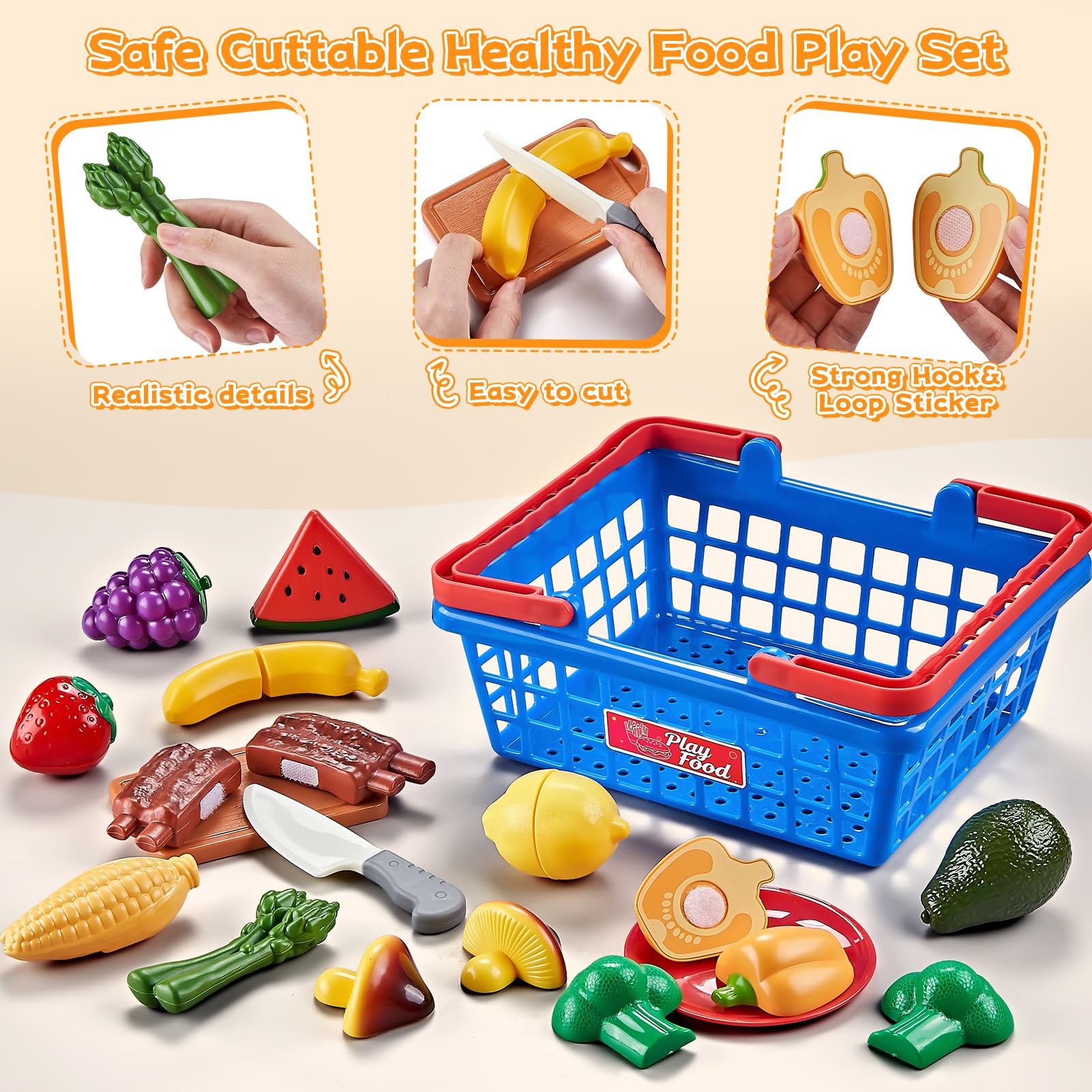 Spiellebensmittel-Set für die Kinderküche, Internationale Küche mit Schneidespielzeug-Lebensmitteln wie Pizza, Sushi und Gebäck, inklusive 2 Körben, Jungen und Mädchen.