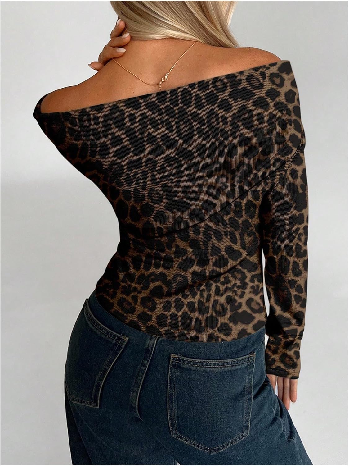SHENHE Women's Plus Size Leopard Print Off The Shoulder Tops Y2K Cheetah Shirts Going Out Fall Top - Image 2