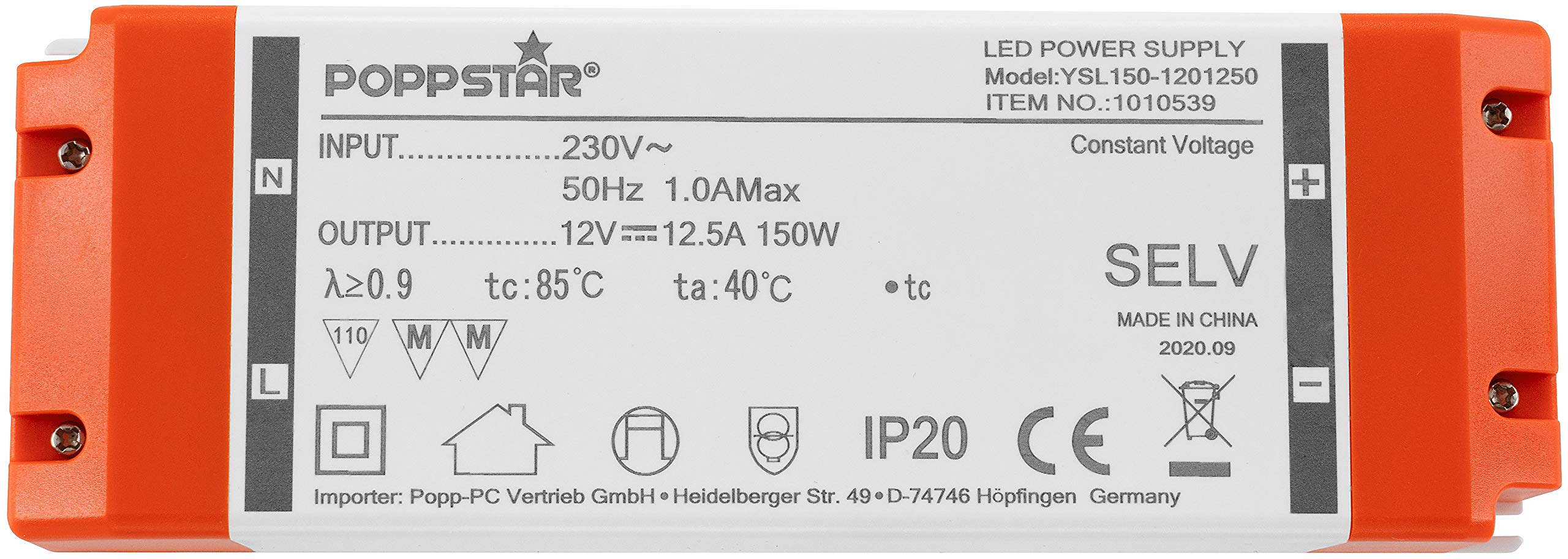 Poppstar Trasformatore LED 12V (230V CA / 12V CC 12,5A) per LED da 1,5W fino a 150W