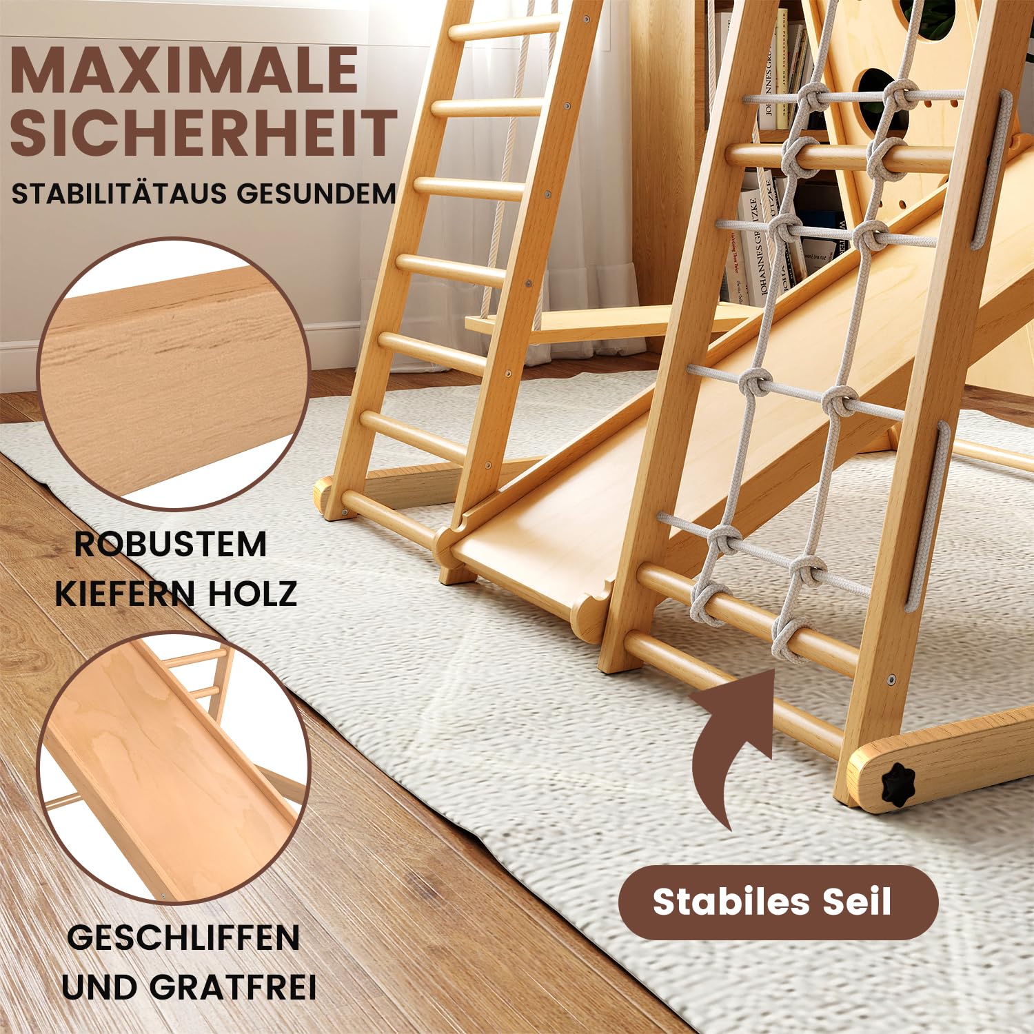 Klettergerüst Indoor Klappbar, Montessori 9-in-1 Holzspielplatz mit Rutsche, Schaukel & Kletternetz, Sprossenwand Kletterdreieck für Kinder 1-6 Jahre (Natur)