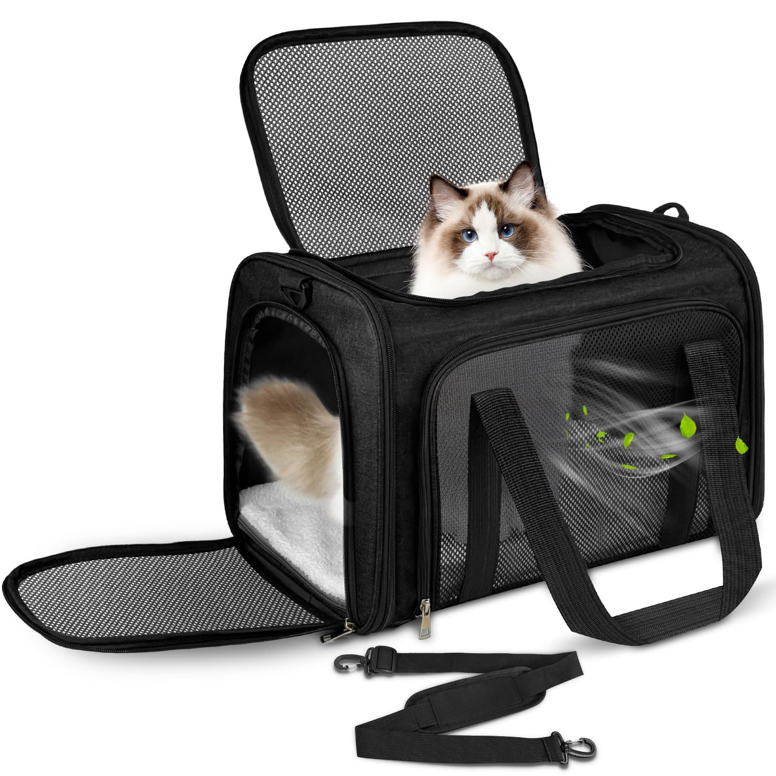 Lohofrnny Transportín Perro Gato, 43x28x28cm Transportin Mascota Transpirable Plegable de hasta 5 kg, Transportin Gato con Correa de Hombro Ajustable para Transporte en Tren, Coche (Negro)
