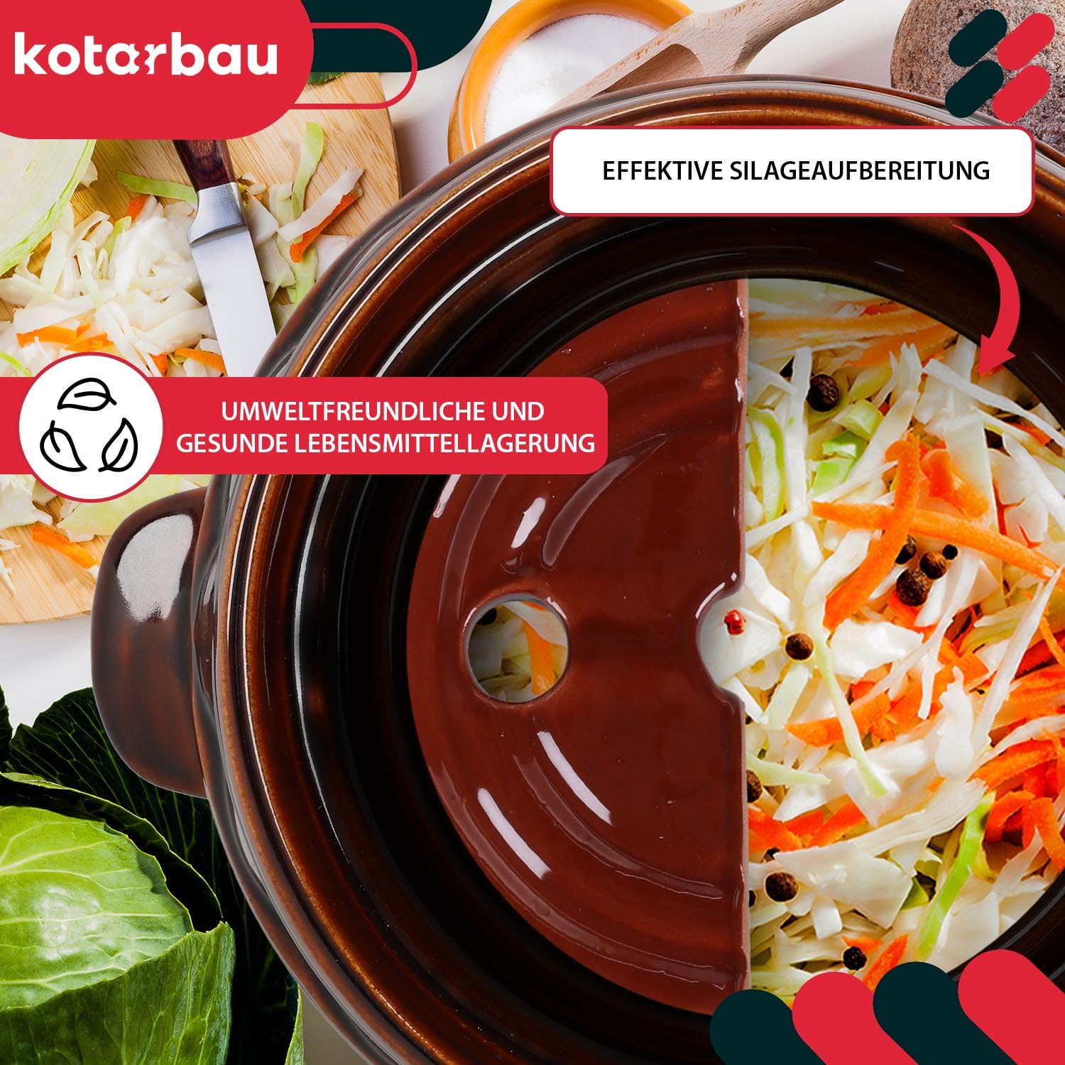 Kotarbau® - Pentola per fermentazione in terracotta ermeticamente chiudibile SizeName da usare per la fermentazione con coperchio + pietra di peso, marrone, 25 L