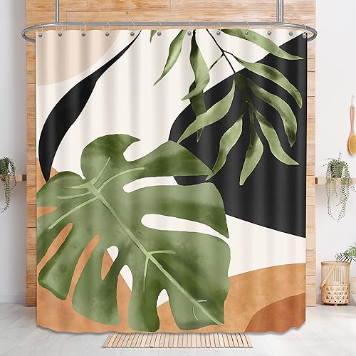 Cortina de ducha tropical diseño botánico hojas de palma cortinas de ducha impermeables de tela de poliéster con 12 ganchos decoración de baño 72 x