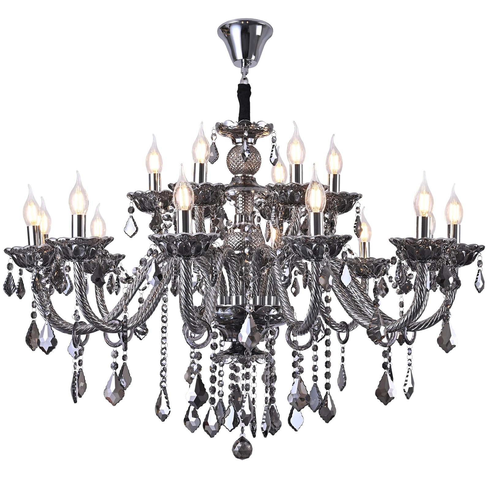Uboxin Modern Luxury K9 Crystal Chandelier 18 Light Large Smoky Gray Crystal Chandelier Lighting 39.5" E12 Crystal Pendant Light Fixtures for Living Room, Stair,Store (Double Layer 12+6 Lights)