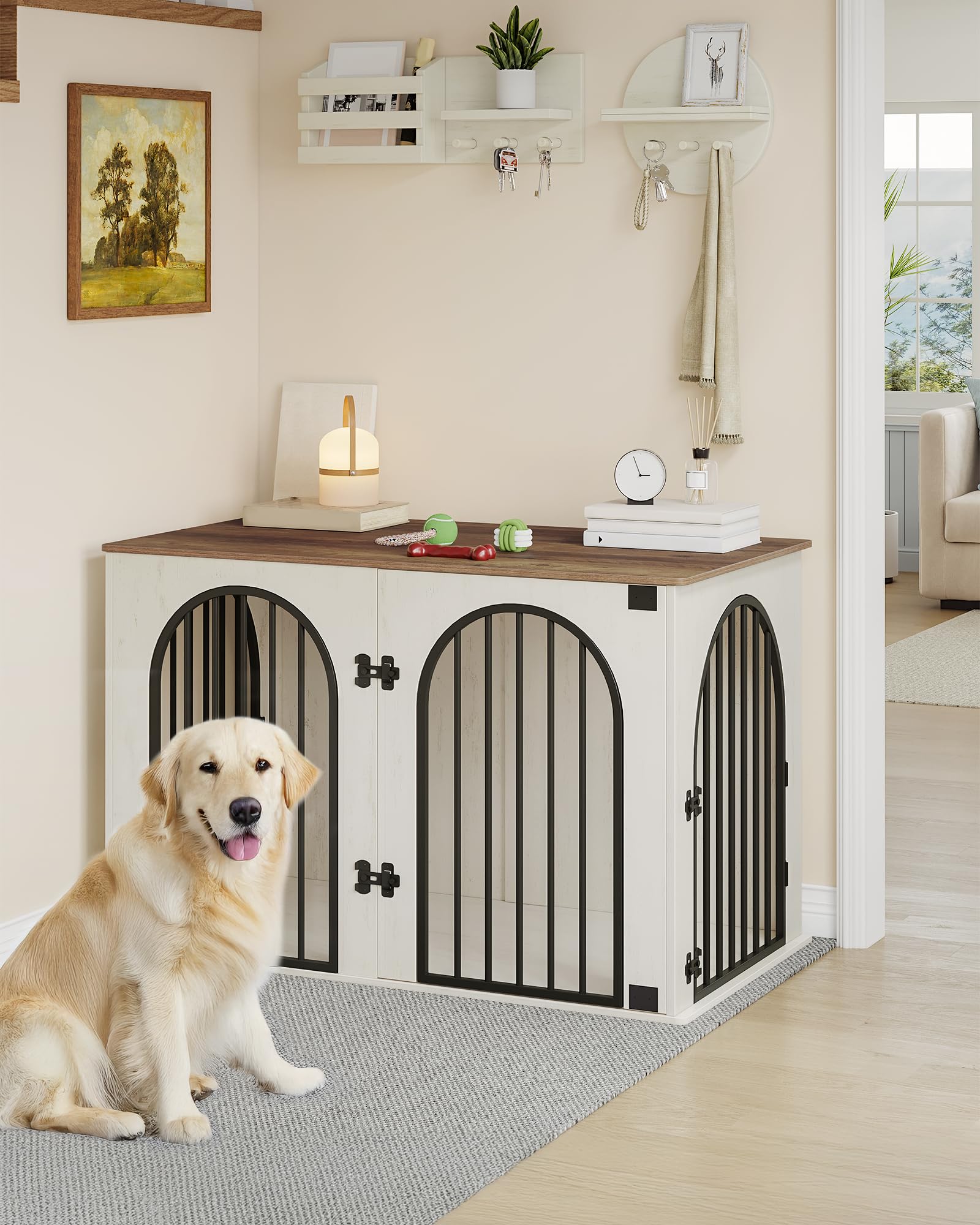Hzuaneri 108 cm Gabbia per Cani, Tavolo Supplemento, Cuccia Moderna per Cani Interno, Kennel Cane Medio, Casetta per Animali, 3 porte, Porta ad arco, 64 x 108 x 76 cm, Bianco e Marrone DFC86014B