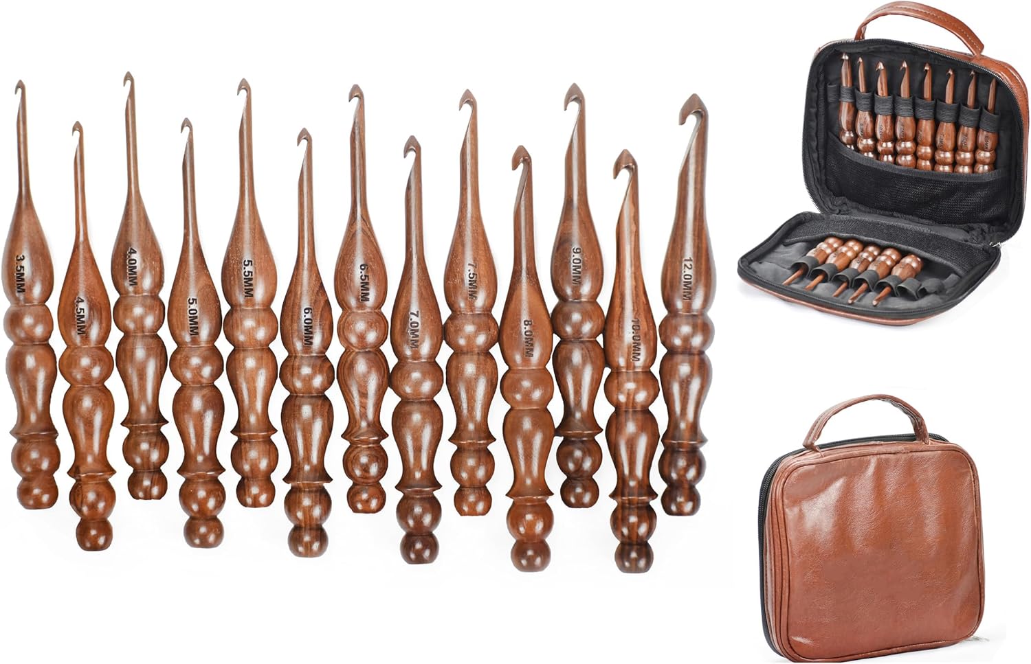 Wooden Crochet Hooks Set of 13 for Arthritic Hands | Ergonomic Soft Grip Handcrafted Knitting Needle for Crocheting and Knitting (Brown (Crochet - 1))