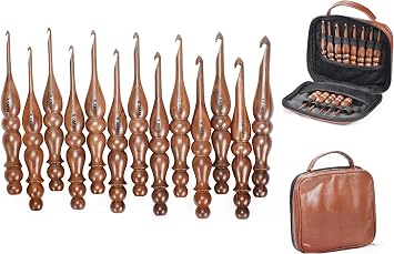 Wooden Crochet Hooks Set of 13 for Arthritic Hands | Ergonomic Soft Grip Handcrafted Knitting Needle for Crocheting and Knitting Brown Crochet - 1