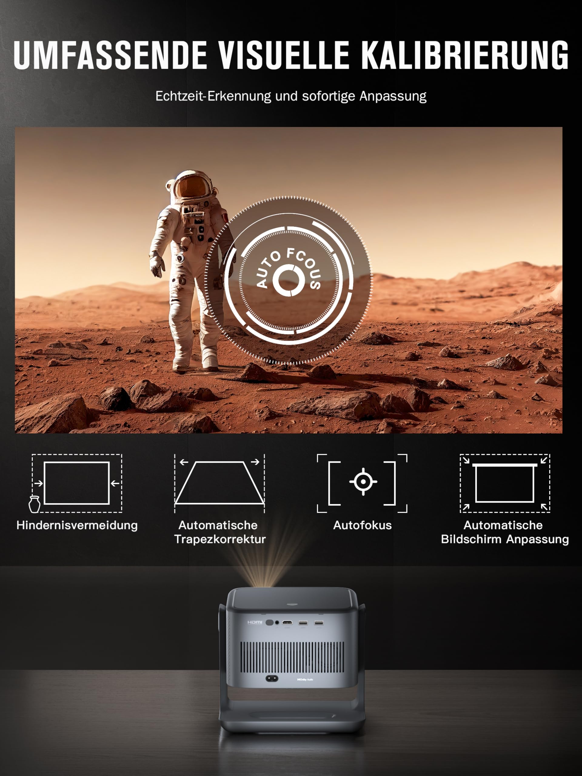 VISSPL Smart Beamer 4K Heimkino Projektor 30000 Lumen 3D Dolby Audio Autofokus WiFi6 Bluetooth 360° Standfuß Grau
