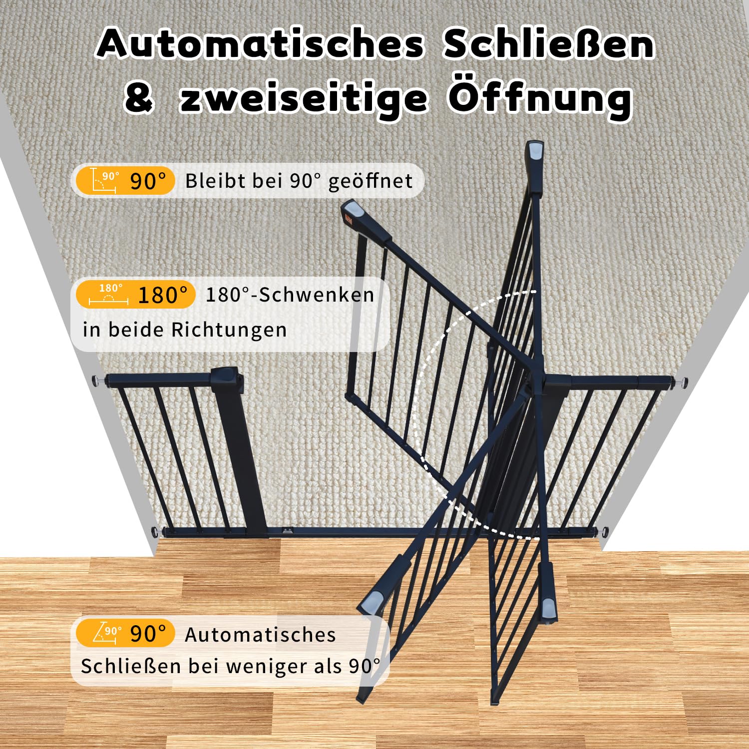 LAOYE Treppenschutzgitter ohne Bohren, Extra Hoch 92 cm, 75-124 cm, mit 3 Verlängerungen, Auto-Close & 90° Stopp - Schwarz