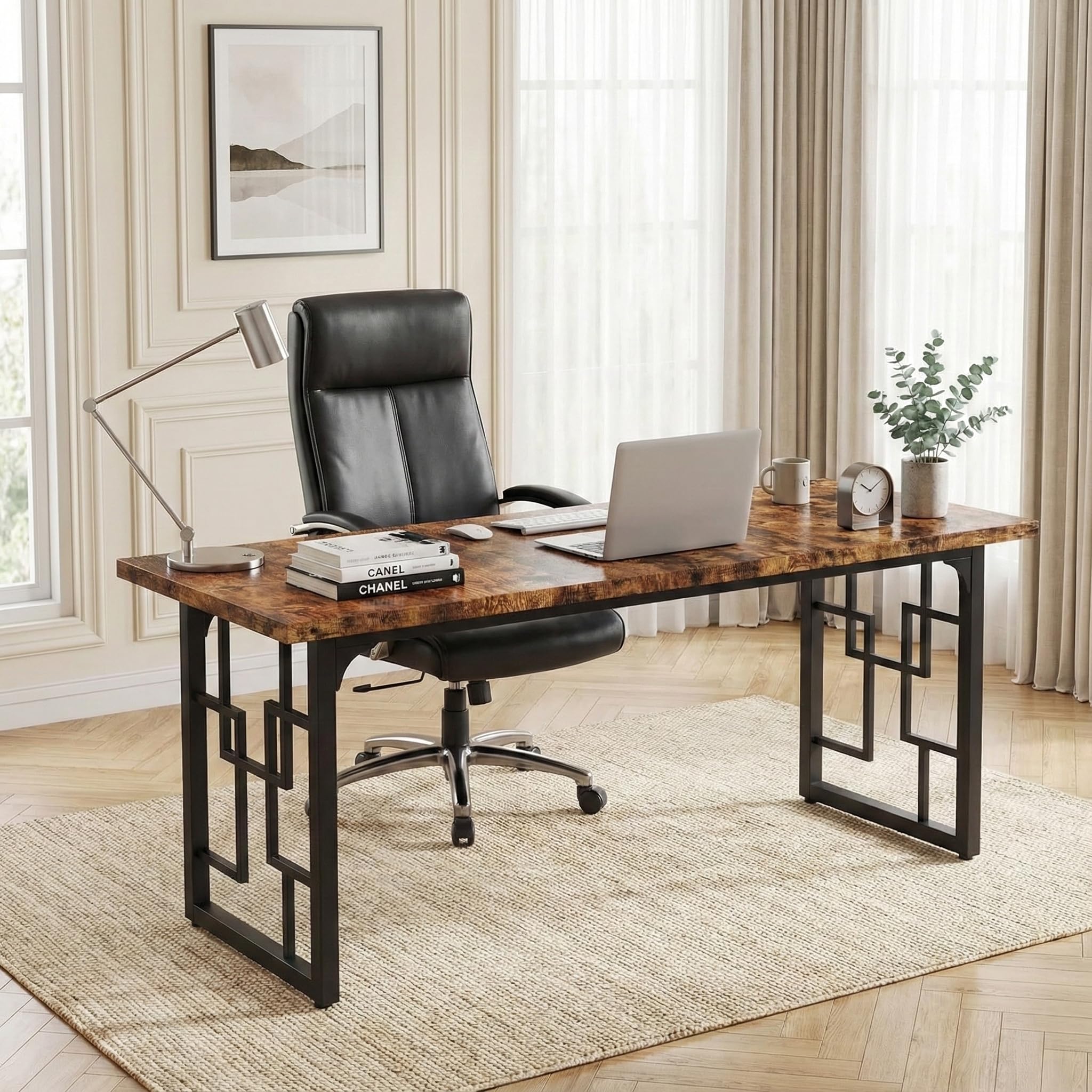 Lailang 160cm Scrivania Ufficio 160x80, Scrittoio Vintage, Scrivania Porta PC E Stampante, Tavolo Legno, Tavolo Riunioni Ufficio, Scrivania Grande, 160 x 80 x 75 cm, Rovere E Nero