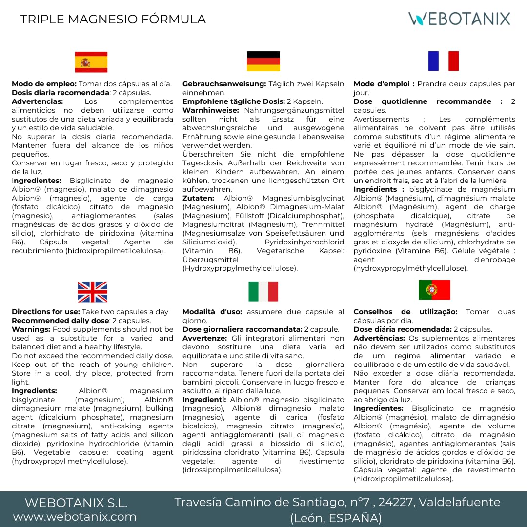 WeBotanix | Formule Triple Magnésium | Bisglycinate, Malate de Magnésium et Citrate de Magnésium avec Vitamine B6 | Énergie, Bien-être et Fonction Musculaire | Végan (120 unité)