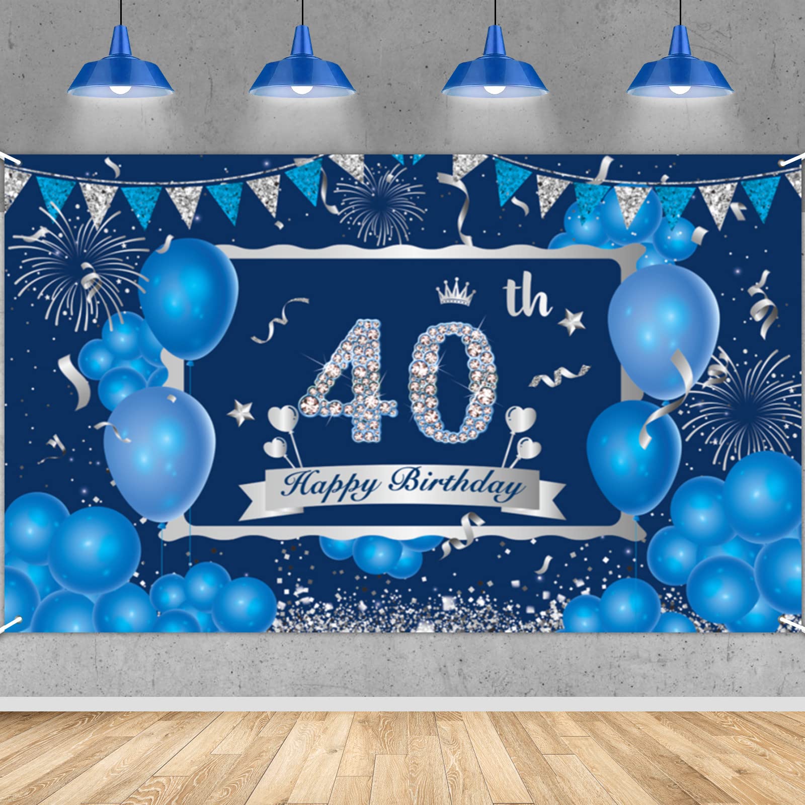 Blue 40th Birthday Decorations Banner for Men, Navy Blue Silver Happy 40th Birthday Banner for Men Women 40 Years Party Decorations Supplies 72.8 x 43.3Inch