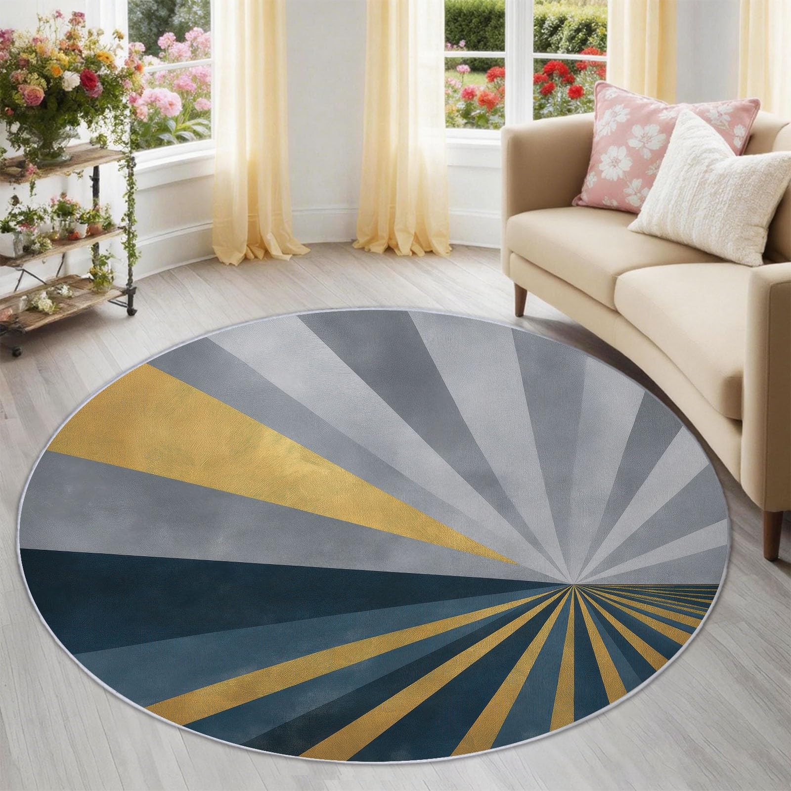 Tappeto rotondo 200 cm geometrico Art Deco Oro Strisce Radiali Patchwork Tappeto Rotondo Morbido Antiscivolo Lavabile Adatto per Camera da Letto Ingresso Sala da Pranzo Dormitorio Familiare