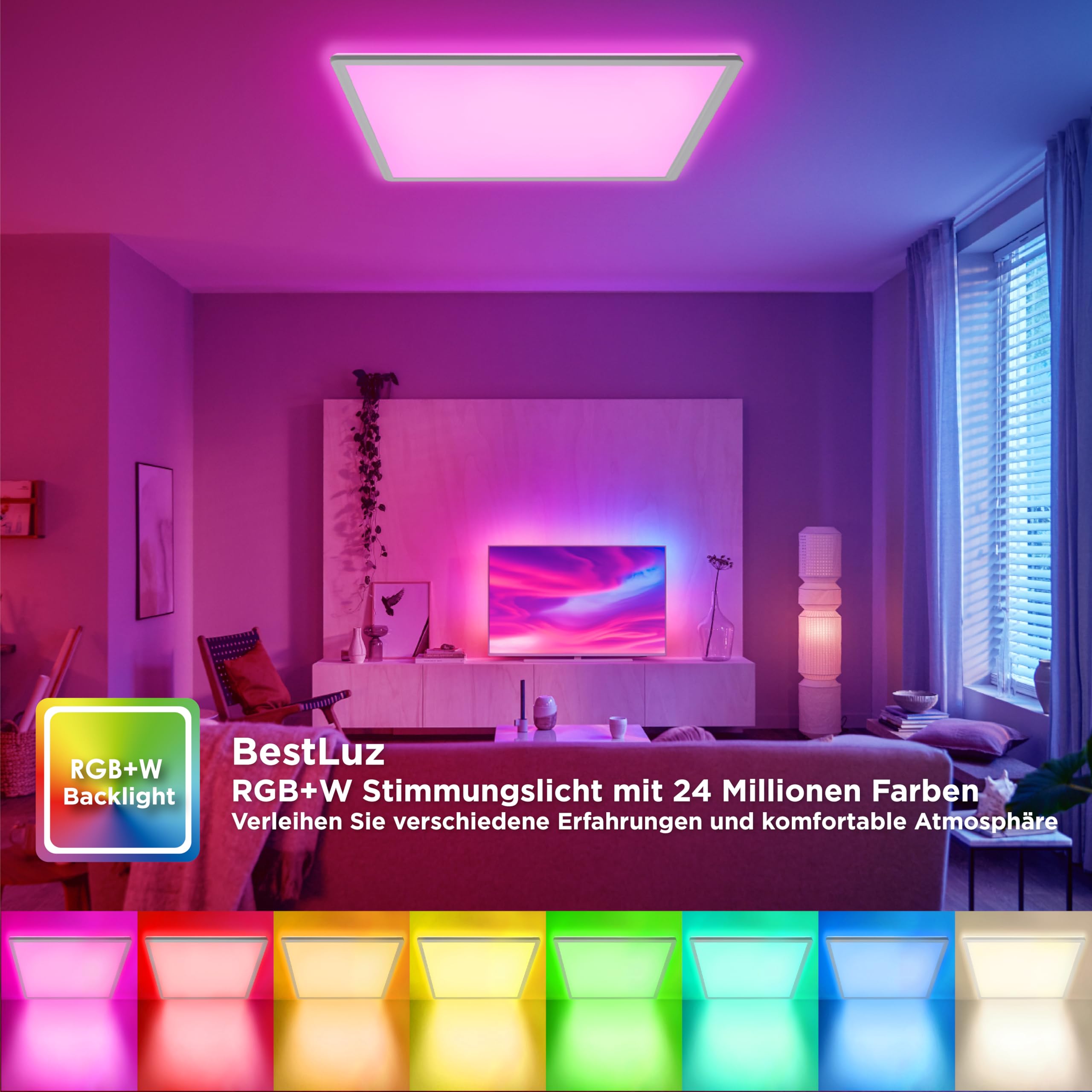 BestLuz - Lámpara de techo LED (42 x 42 cm, 24 W, RGBW, color blanco neutro, 4000 K, con efecto de control remoto, para cuarto de baño, sala de estar, cocina ultrafina,