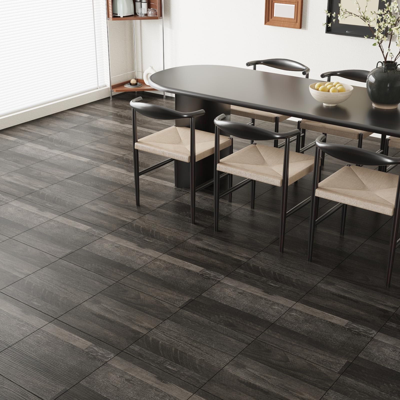 VEELIKE Piastrelle adesive per pavimenti in PVC, effetto legno, effetto legno, impermeabile, 12 pezzi, colore grigio scuro, effetto legno, 30 cm