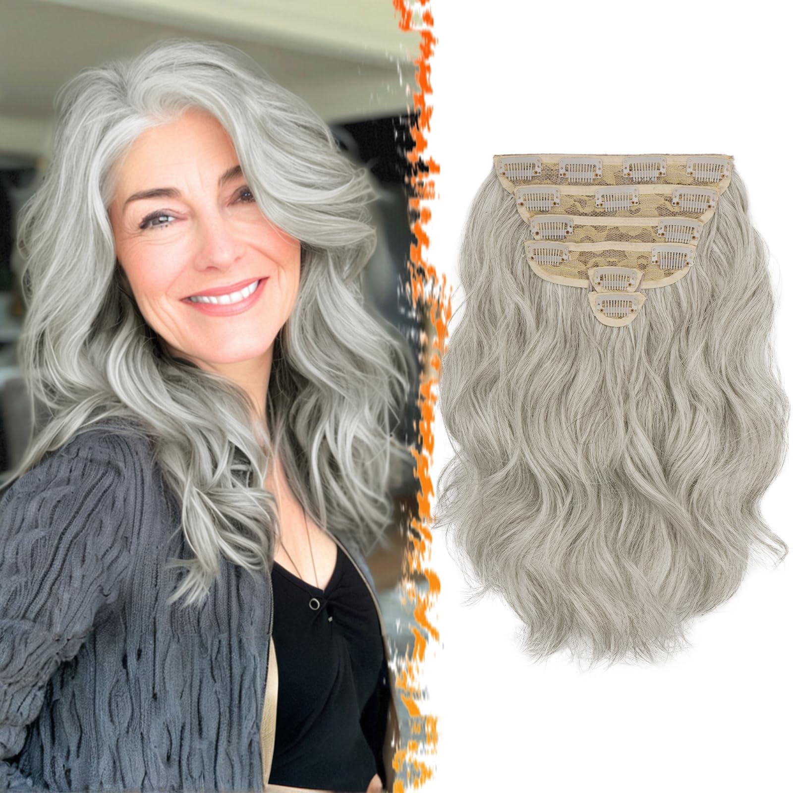 BARSDAR Extensiones Clip Pelo Natural, 30cm Gris Extensiones de Cabello para Mujer 6 Piezas Rizado Natural Extensión de Pelo Sintética Clip en Postizos Fiesta Diaria - Gris Plata