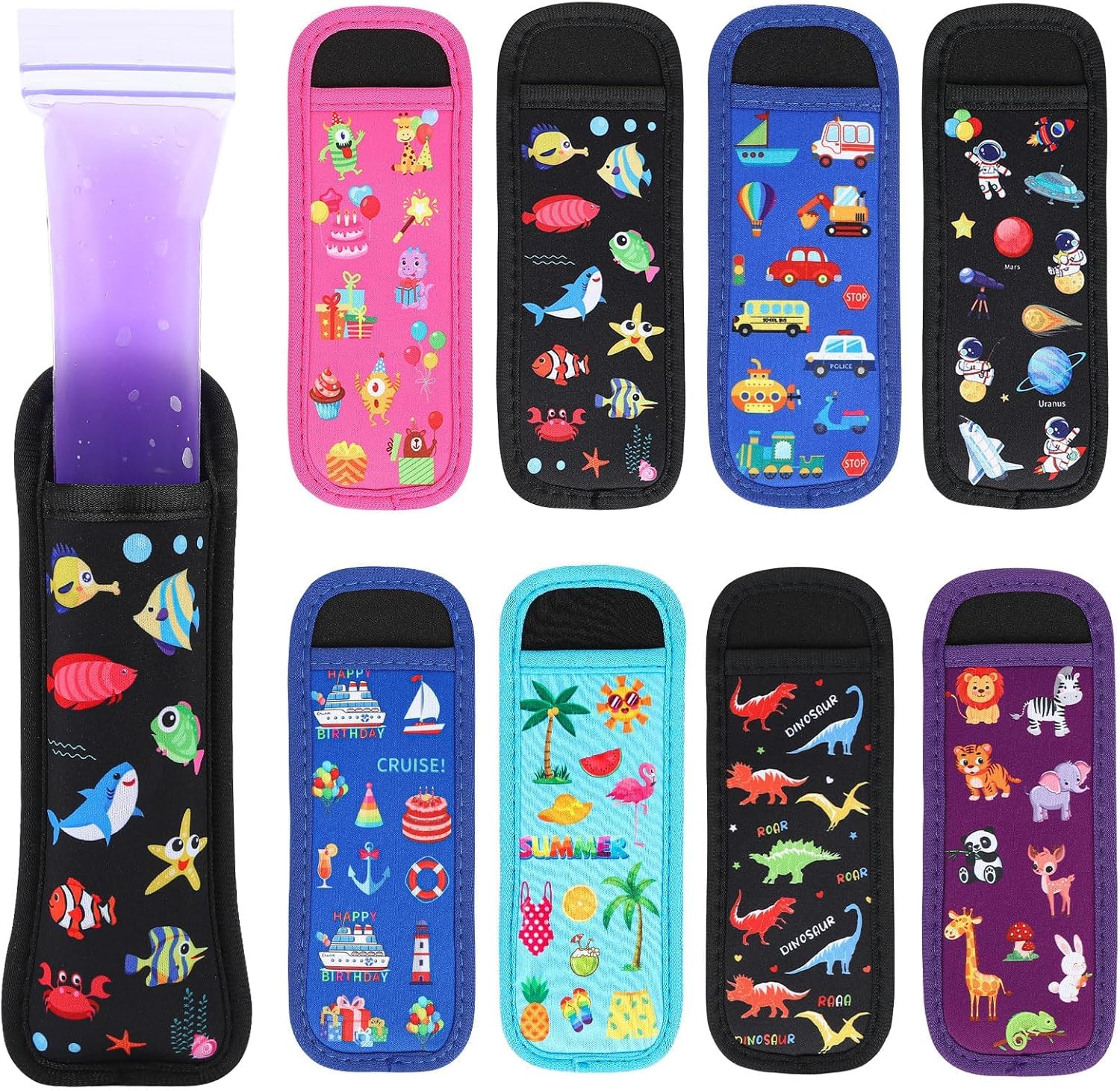 JANYUN Pack of 8 Popsicle Holders for Kids, Cute Animal Dinosaur Shark Ice Cream Sleeves, Reusable, Washable, Freeze Pop Holder, Bags, Neoprene Insulator, Popsicle Cases for Boys and