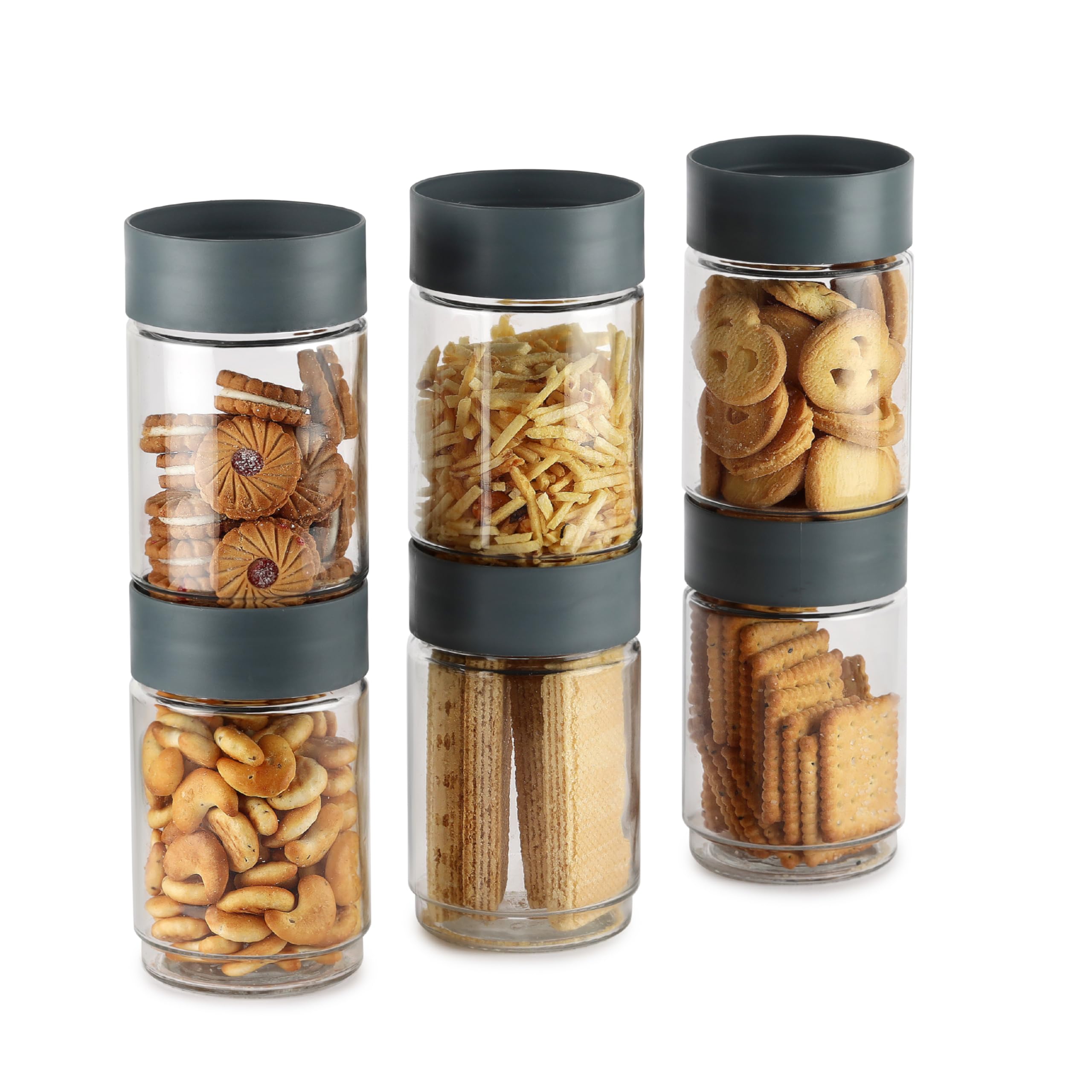 CELLO Modustack Glassy Storage Jars For Kitchen Set of 6 Pcs, 750ml Grey | Freezer & Fridge Safe Airtight Stackable Leadfree Toughened Glass Kitchen Storage Container For Beans, Whole Grains, Spices
