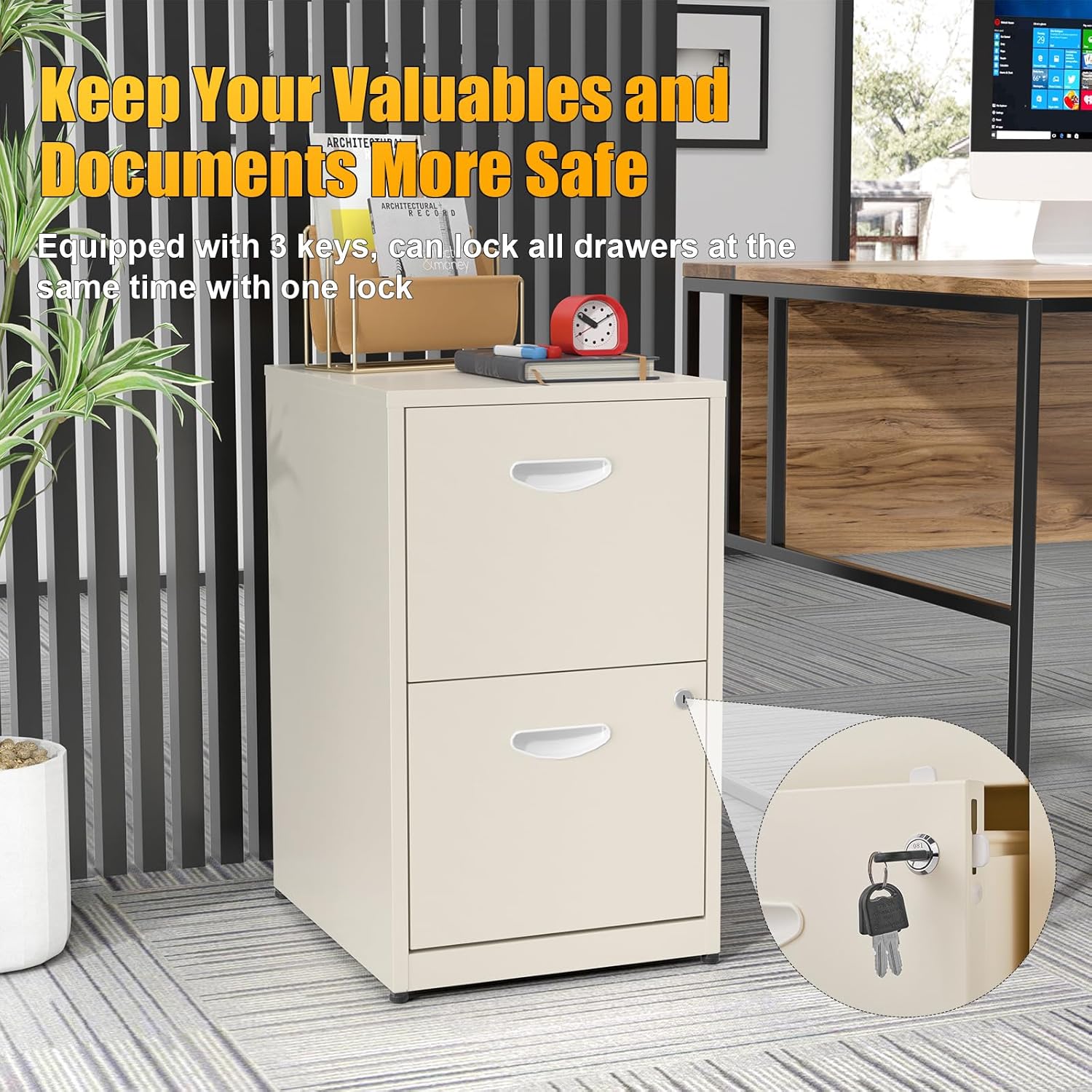 Close-up image of the filing cabinet's lock with keys inserted, demonstrating the security feature.