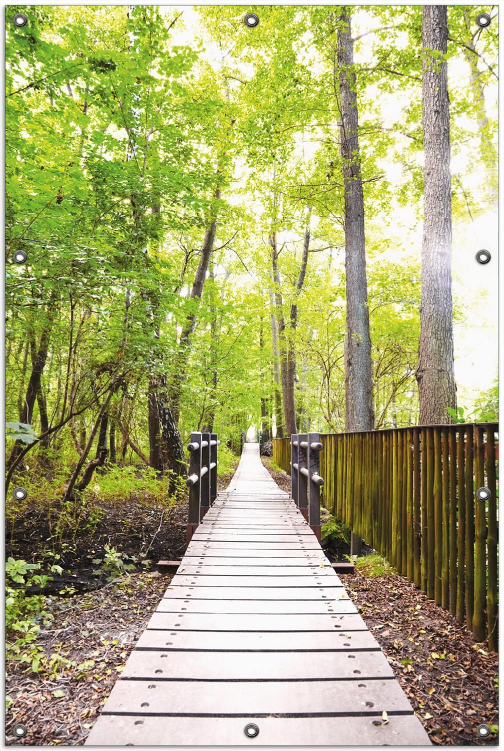 Wallario Outdoor-Poster für Garten oder Balkon Spaziergang im Wald Holzweg über einen Fluss, Motivbanner Größe: ca. 100 x 150 cm, Outdoor-Bild