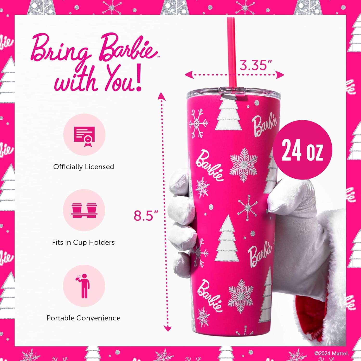 Dragon Glassware x Barbie Vacuum Insulated Stainless Steel Tumbler with Lid and Straw - Festive Holiday Travel Coffee Tumbler Cup to Keep Drinks Hot or Cold, Fits Cup Holders - Christmas Theme - Image 2