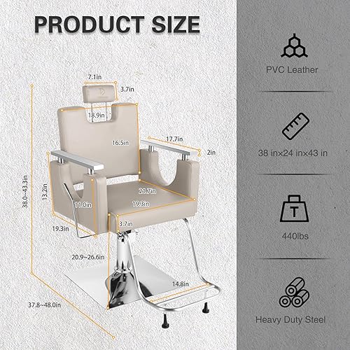 Miniatura 20 de Silla de peluquería resistente, silla reclinable giratoria de 360° para estilista, silla de peluquería hidráulica ajustable en altura con reposapiés