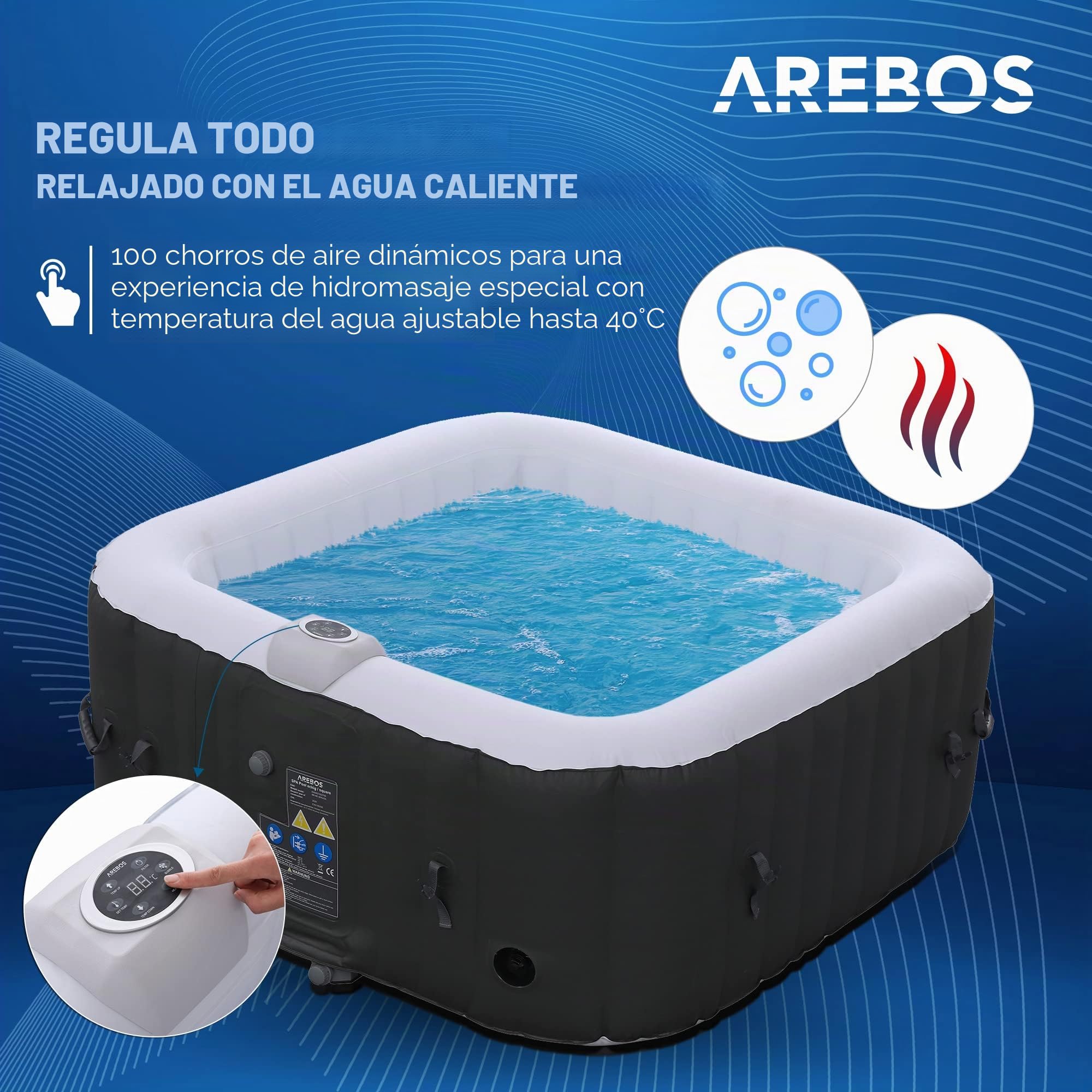 Arebos SPA Hinchable Piscina de hidromasaje | Hinchable | Cuadrada | para Interior y Exterior | 154x154cm | 4 Personas | 130 chorros de Masaje | 600 L