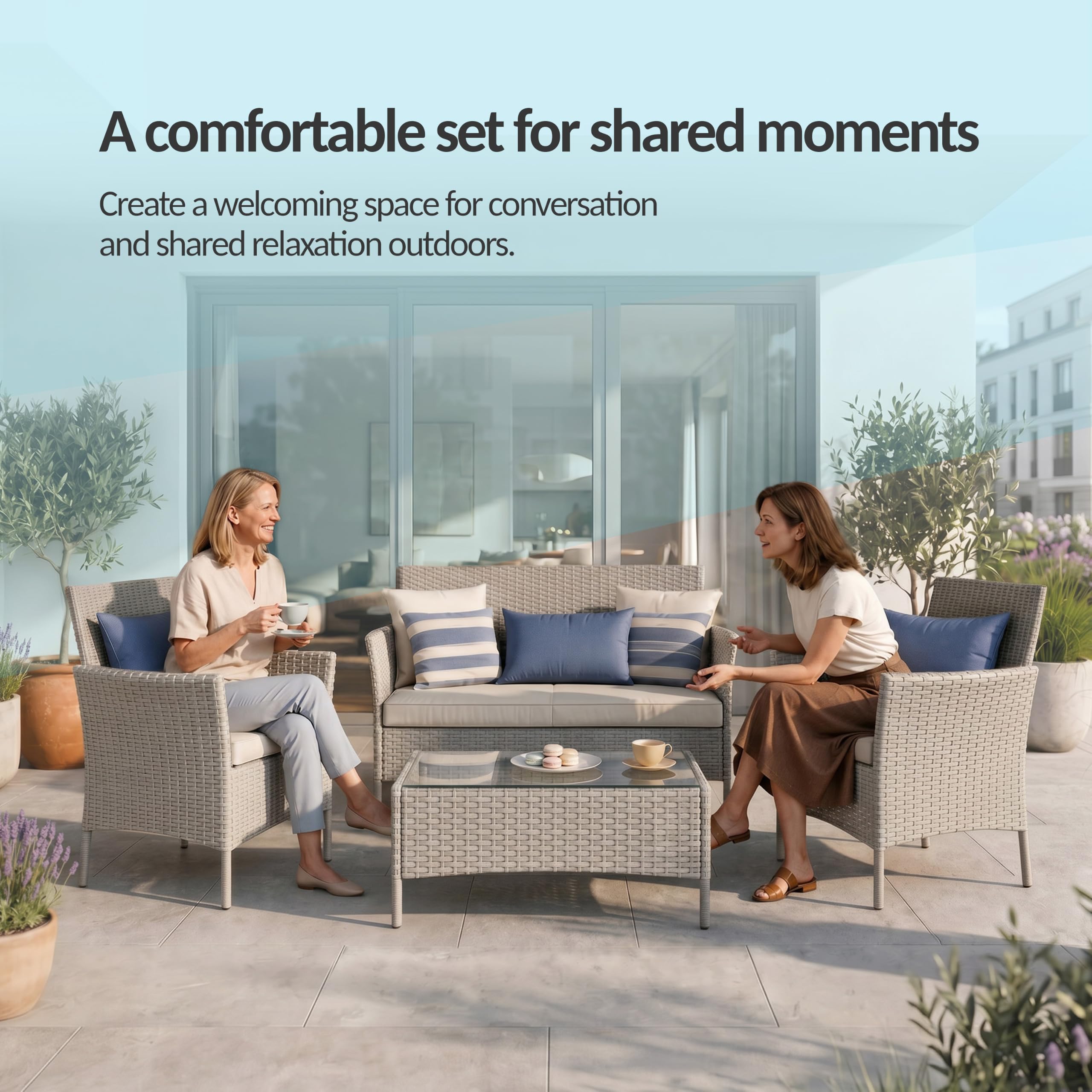 POKAR Set Giardino Rattan Grigio con Cuscini Seduta Grigio | Set 4 Pezzi, Divano 101x54x85, 2x Poltrona 58x54x85, Tavolino 68x42x38 cm, Resina Intrecciata, Metallo | Terrazzo e Patio