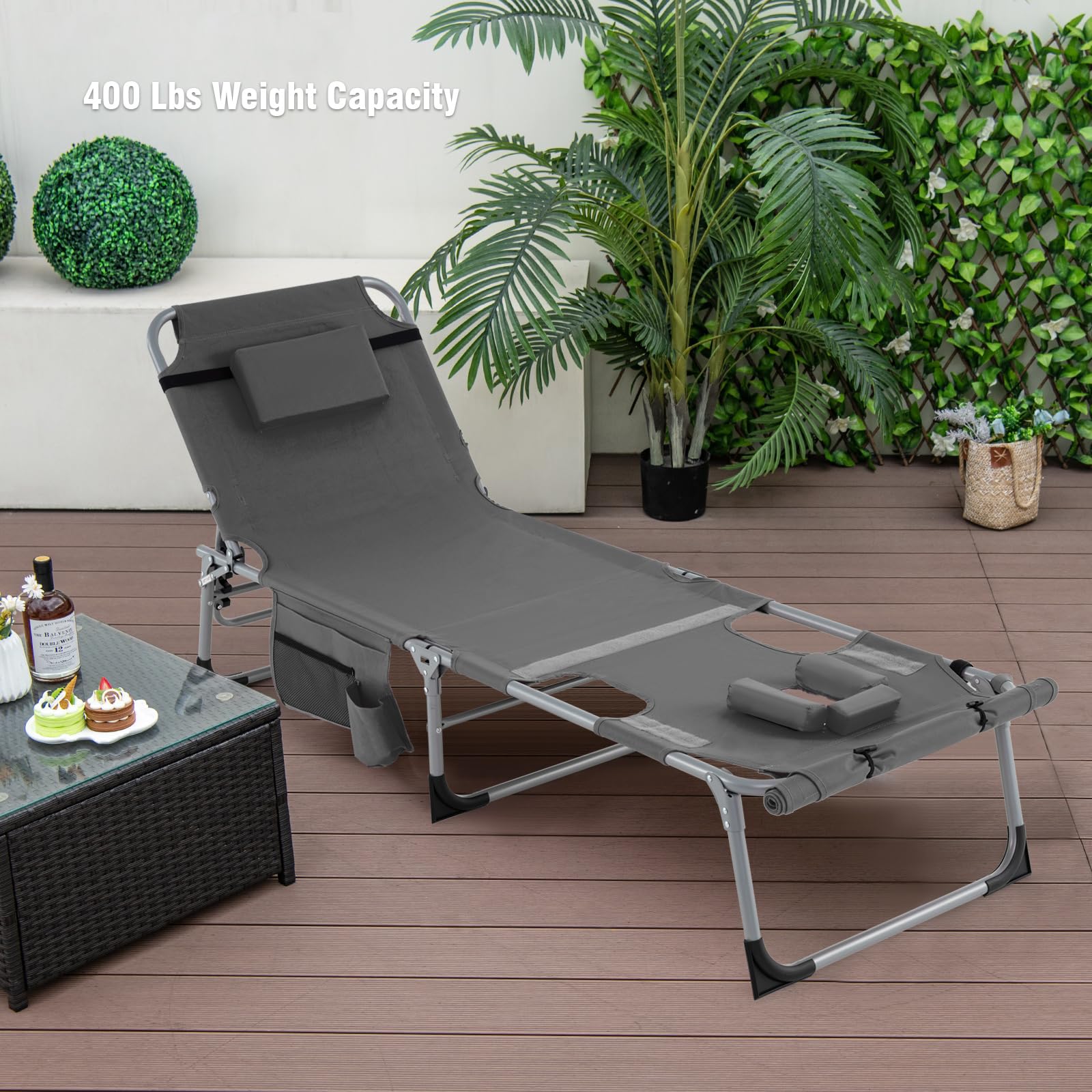 GIANTEX Silla de Bronceado Plegable con Agujeros para la Cara y Las Sisas, Silla Reclinable en 5 Posiciones, para Exteriores, con Cojín y Bolsillo Lateral, Tumbona de Camping con Correa (Gris)