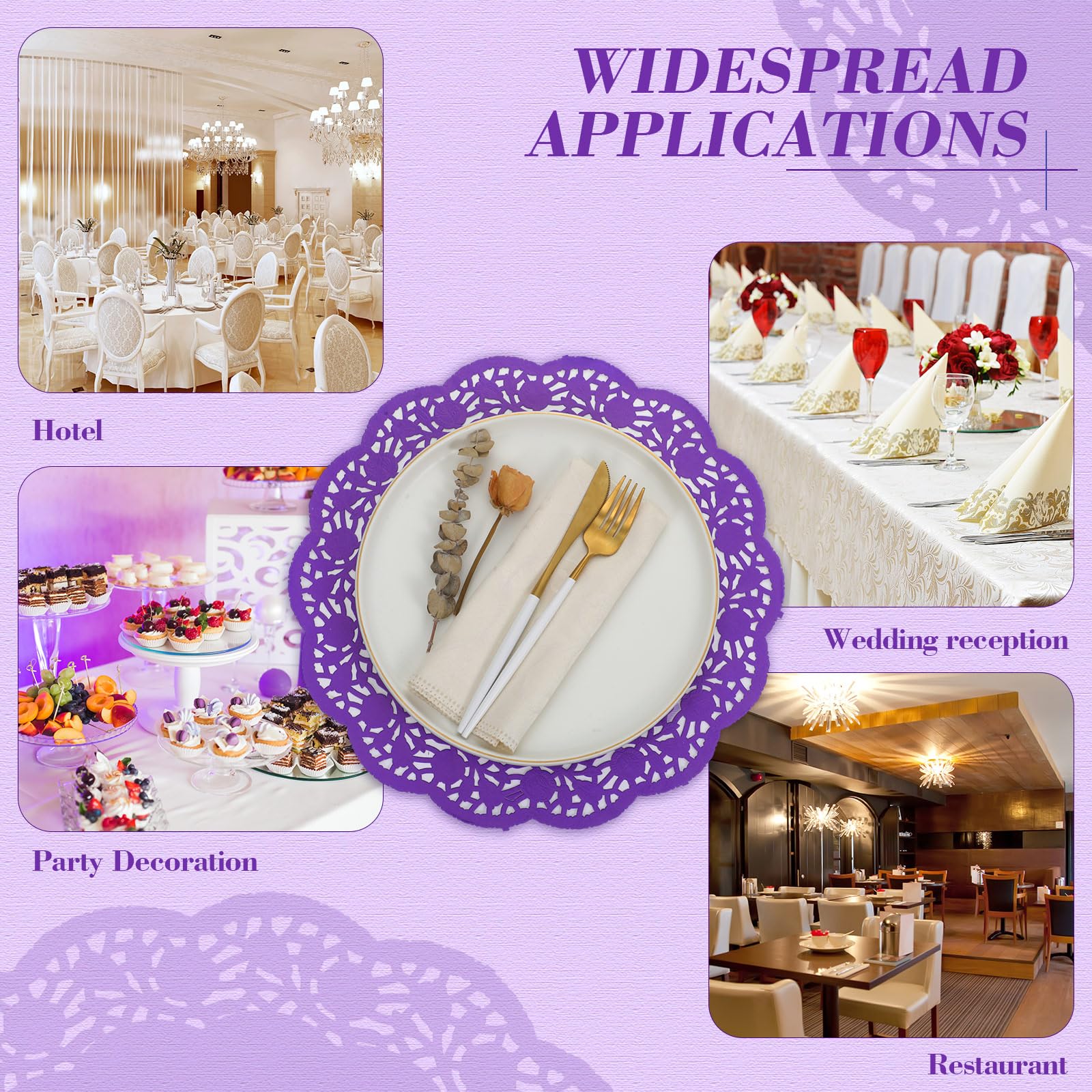 Yexiya 200 unidades de blondas de papel de encaje desechables de papel de aluminio de encaje, manteles individuales para pasteles, manualidades, decoración de bodas (morado, redondo)
