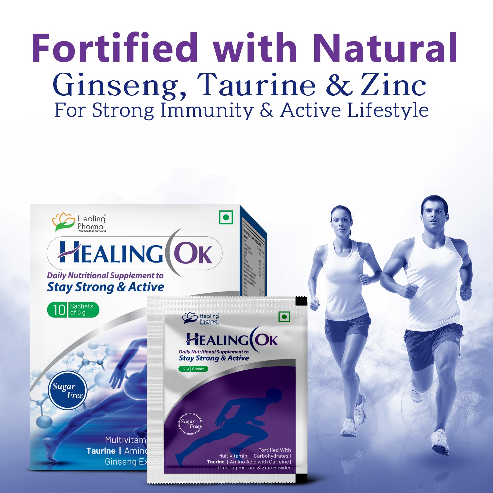 Healing Pharma - Healing OK Taurine, Ginseng, Zinc, Caffeine & L-Carnitine Powder Sachets, Sugar Free | For Strong Immunity & Overall Health | 5g x Pack of 10 2